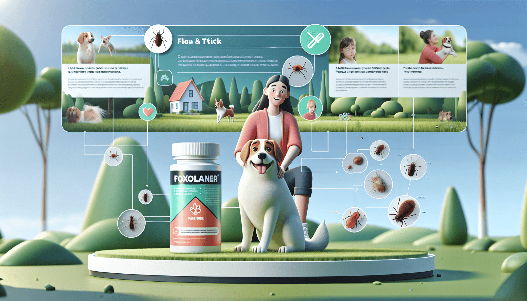 An informational scene displaying a detailed guide for dog owners about Foxolaner, a flea and tick preventative. The image includes a happy Caucasian woman with a pet dog, both outside in a grassy area. On one side, there's a close-up view of the flea and tick preventative, Foxolaner, with corresponding info about its use and benefits. Also present are tiny illustrations of fleas and ticks to emphasize the preventative nature of the product. The backdrop is serene, with noticeable elements like green trees, a sun-filled sky, and a small figurine of a house at a distance.