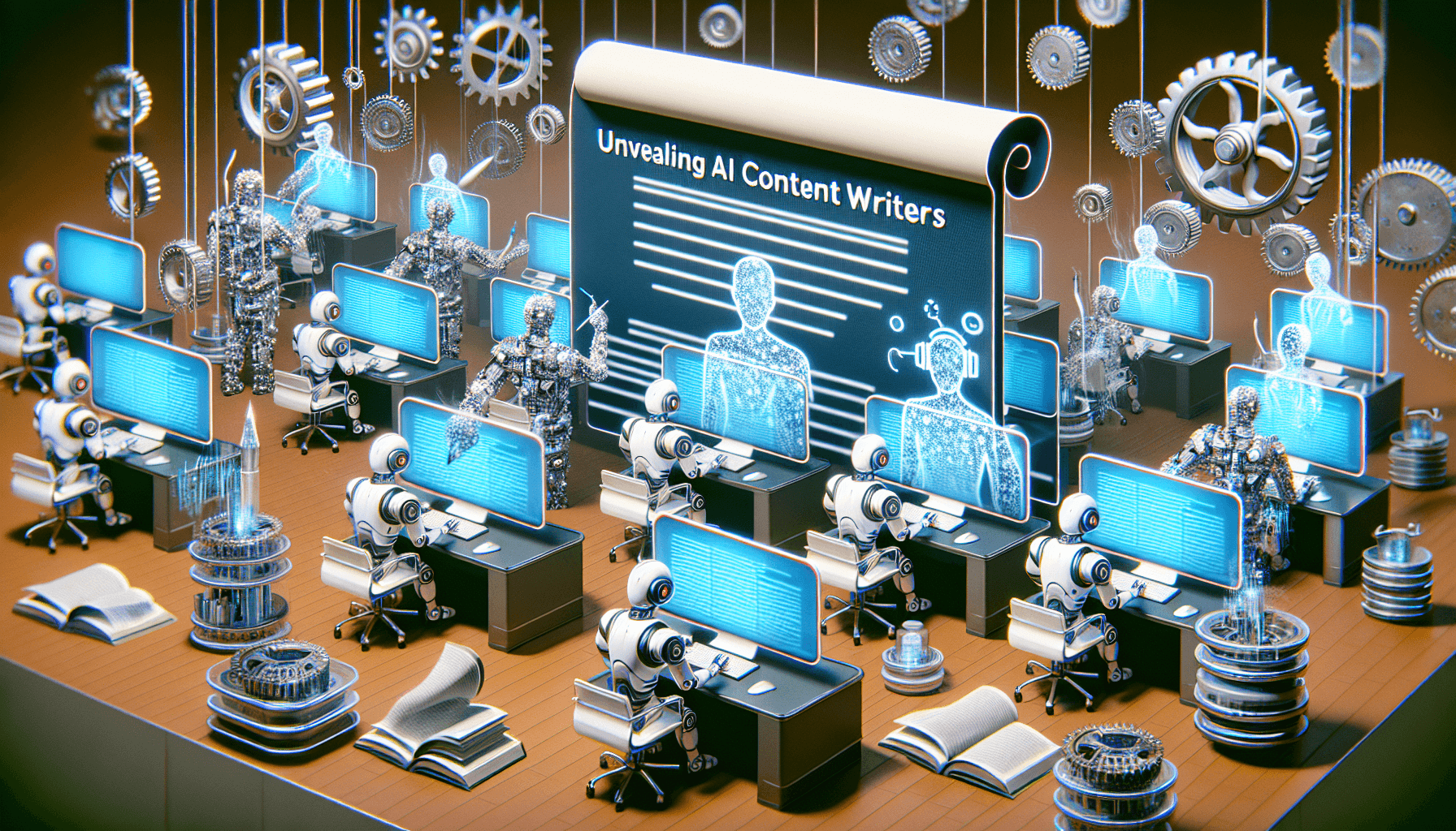 A concept visualization of the future of automated writing where AI content writers dominate the scene. There are several AI bots in diverse designs fitting to an office environment, each situated at a work-station equipped with futuristic technology. Each bot is seen energetically producing content on transparent screens. A scroll unfurls in the forefront depicting the title, 'Unveiling AI Content Writers.' The background is filled with mechanical gears and cogs, metaphorically representing the machine world.