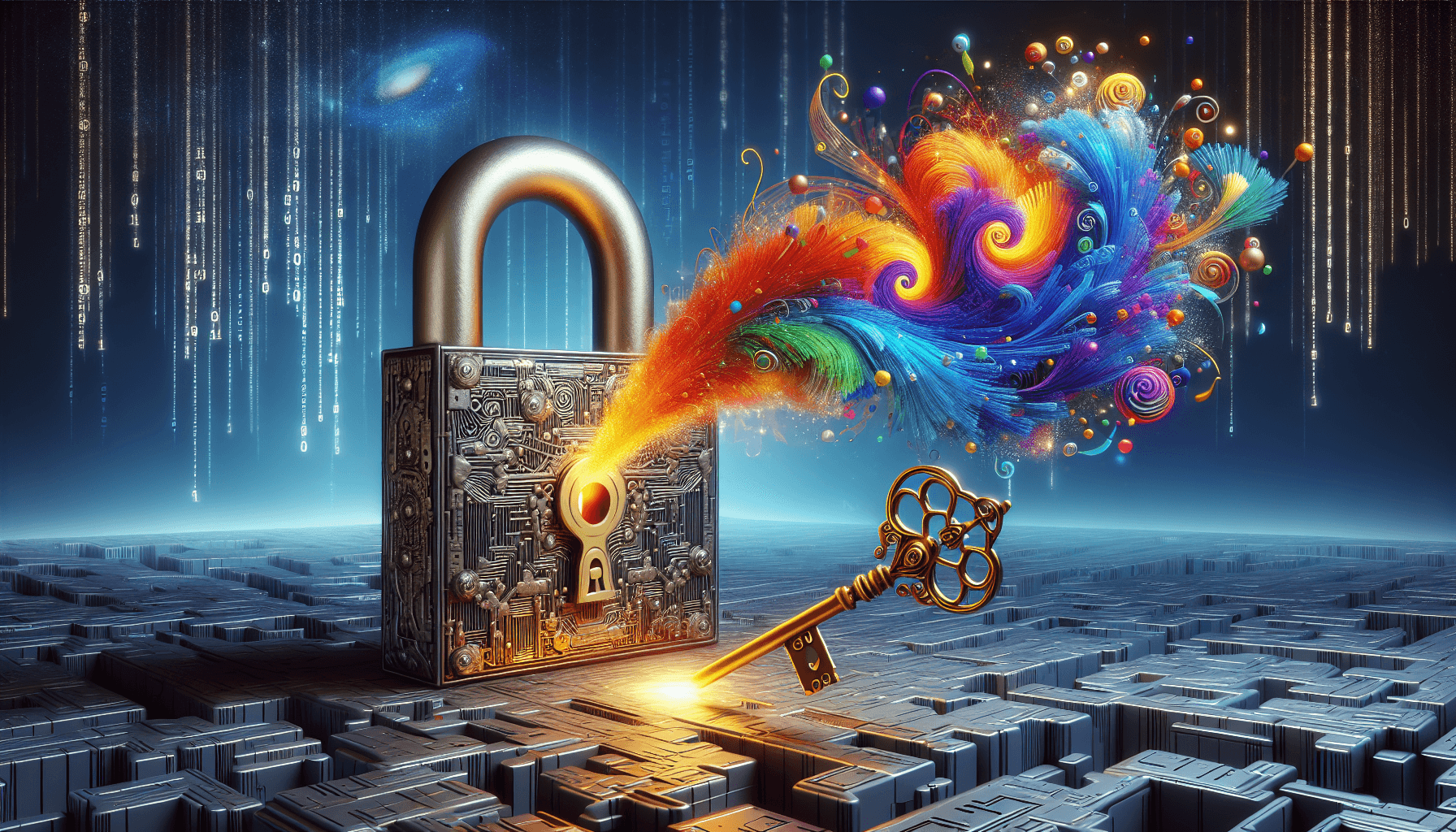 A conceptual representation of unlocking creativity with artificial intelligence, specifically in the context of image generation. Imagine a large, ornate golden key symbolizing 'creativity', inserting into a massive silver lock that bears the resemblance of a complex futuristic circuitry, hinting towards 'AI'. As the key turns, vibrant swirling colors emerge from the lock, turning into beautiful digital images or holograms suspended in mid-air, representing the 'image generators'. Situated in an abstract digital landscape with low-polygon structures and binary code streams flowing in the background.