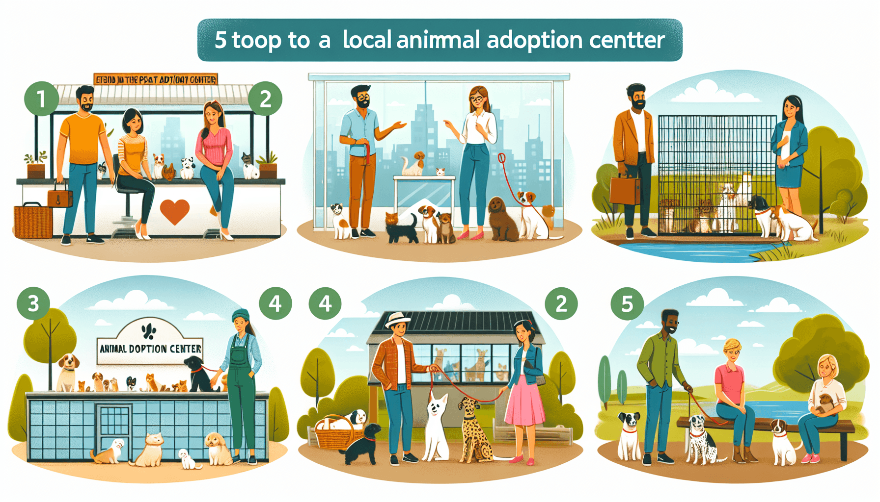 Illustrate a collection of five top spots which are excellent for finding the ideal pet. Each one depicts a local animal adoption center. 1 ) A clean, well-lit, and comfortable center located in the heart of a busy city, with a Middle-Eastern woman employee assisting potential pet owners. 2 ) A cozy, rustic adoption center in a countryside setting, where a Caucasian man is seen helping visitors. 3 ) A lively, vibrant adoption center in an urban neighborhood, operated by a South Asian woman. 4 ) A modern, eco-friendly center in a suburban area, with a Hispanic man introducing pets to families. 5 ) A quaint, peaceful center situated by a lake, where a Black woman is handling pet adoption processes.