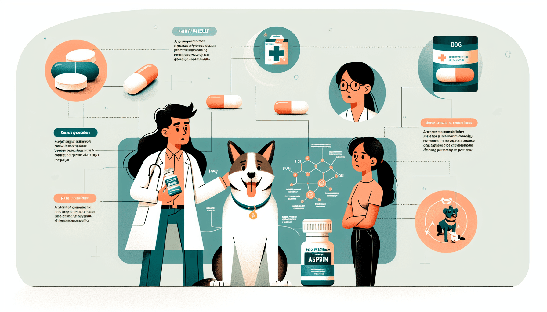 An illustrated guide on dog healthcare showing an informational infographic on Canine Pain Relief. These include a bottle of dog-friendly aspirin, a veterinarian discussing pain relief with an apprehensive-looking South Asian female dog owner, and a diagram showing how aspirin works in a dog's body. The information is structured in such a way that it provides a digestible and understanding overview on the use of aspirin for dogs.