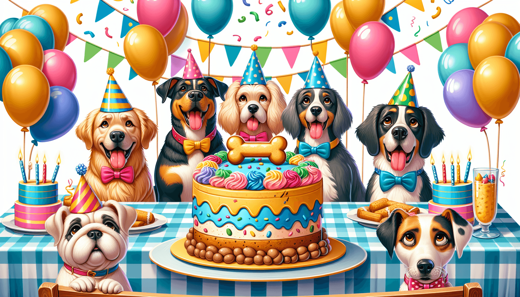 Illustrate a delightful scene of a vibrant and cheerful dog-themed birthday party. Focus on a beautifully decorated, dog-friendly cake taking the spotlight on a festive table. The cake should be made of healthy dog-safe ingredients and topped with a cute bone-shaped biscuit. Include balloons, streamers, and party hats in the background. Show a diverse group of dogs of various breeds eagerly waiting for their piece of cake, with a golden retriever, a black Labrador, a white poodle, and a brindle bulldog at the front. Each dog should have different unique festive accessories, such as bow ties, kerchiefs, or party hats.