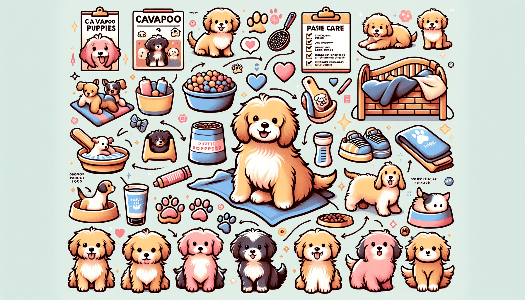 Create an educational and informative visual guide about Cavapoo puppies for new owners. It should cover the essentials ranging from the dog breed's physical features, such as their fluffy coats and their diverse coat colors, to basic care necessities like what kind of food they need. Also, include the varying stages of growth from young pups to mature adults. Make sure to represent the feeling of happiness and joy related to pet ownership. The image will convey the experience of bringing home a new furry bundle of joy.