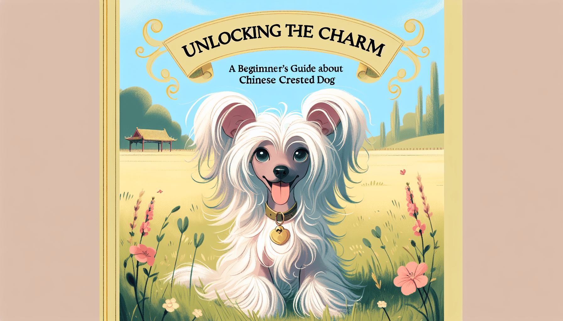 The cover for a beginner's guide book about the Chinese Crested Dog. The title 'Unlocking the Charm' arches elegantly at the top of the image. Below it, a charming and friendly looking Chinese Crested Dog is shown. The dog is illustrated in a playful stance, its fur well groomed and fluffy. Its intelligent eyes are full of curiosity and excitement, and its pink tongue peeks out slightly from its mouth in a cheeky grin. The background should be gentle and soothing, depicting a sunny field with a few flowers blooming around.