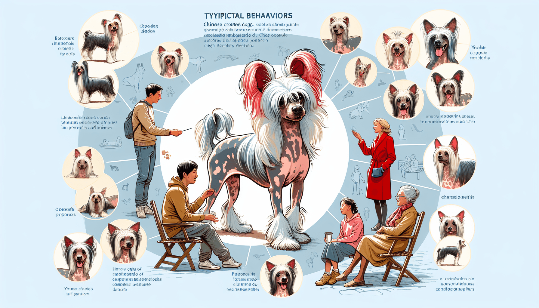 A detailed and visually rich illustration showcasing the unique charm of Chinese Crested Dogs. It should contain characteristics and typical behaviours of these dogs. The image could also depict a relaxed setting where these dogs are commonly found, like a home or a park, and interacting affectionately with people of different genders and descents. The people should look like canine enthusiasts, expressing admiration and joy in the presence of the dogs. This illustration would serve as a perfect guide for canine enthusiasts who want to understand more about this special breed.