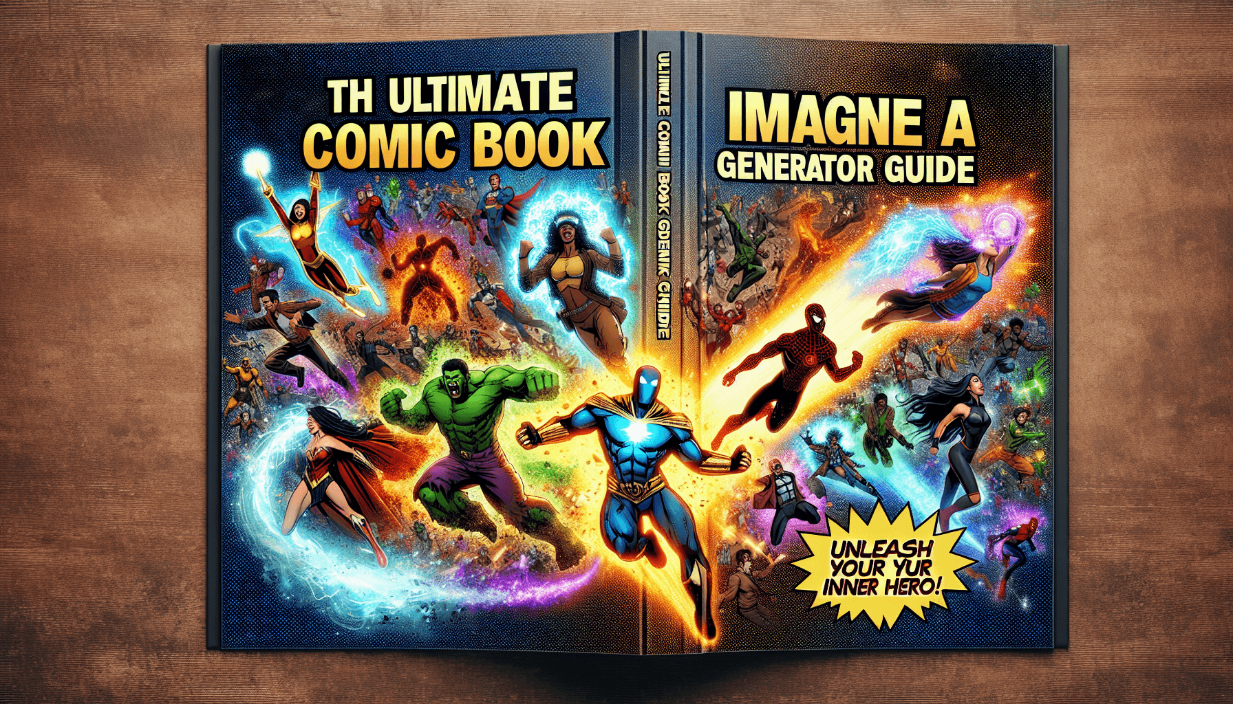 Imagine an ultimate comic book generator guide. The cover of this guide would feature an eye-catching vignette of an array of superheroes of various origins, powers and costumes. The page is split with a gleaming comic book stylized text reading 'Unleash Your Inner Hero.' A Middle Eastern female superhero can be seen soaring through the air with a glowing energy shield, a South Asian male hero with powers of teleportation leaves a smoke trail behind him, a Black female character with the ability to manipulate elements raises a wave of water, a Caucasian male character with speed powers blurs across the bottom of the page, and a Hispanic female character with strength superpower is seen lifting heavy objects around. The cover also has a metallic finish with vivid, vibrant colors adding to the comic feel.