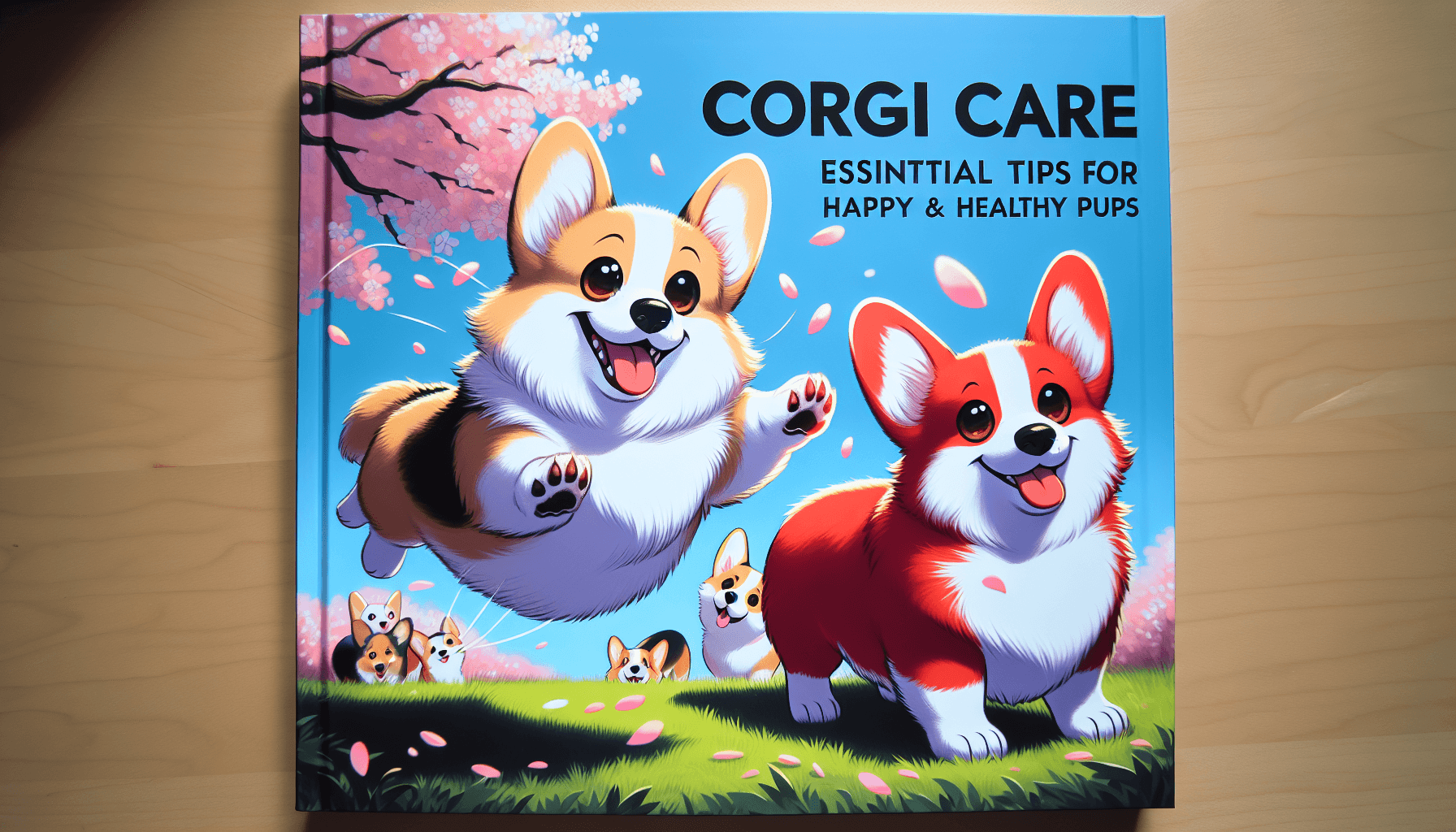 A comprehensive illustrated guide for corgi care. The cover of the guide displays two cheerful corgis: one is a fluffy tri-colour corgi mid-jump, its tiny legs suspended in air, happy eyes sparkling with joy, and an animated tail. The other corgi is a red Pembroke who is attentively sitting, its adorable ears standing tall, indicating alertness. The ground is covered in lush green grass and the backdrop has cherry blossoms in full bloom. Text in a stylish bold font across the top reads 'Corgi Care: Essential Tips for Happy & Healthy Pups'.