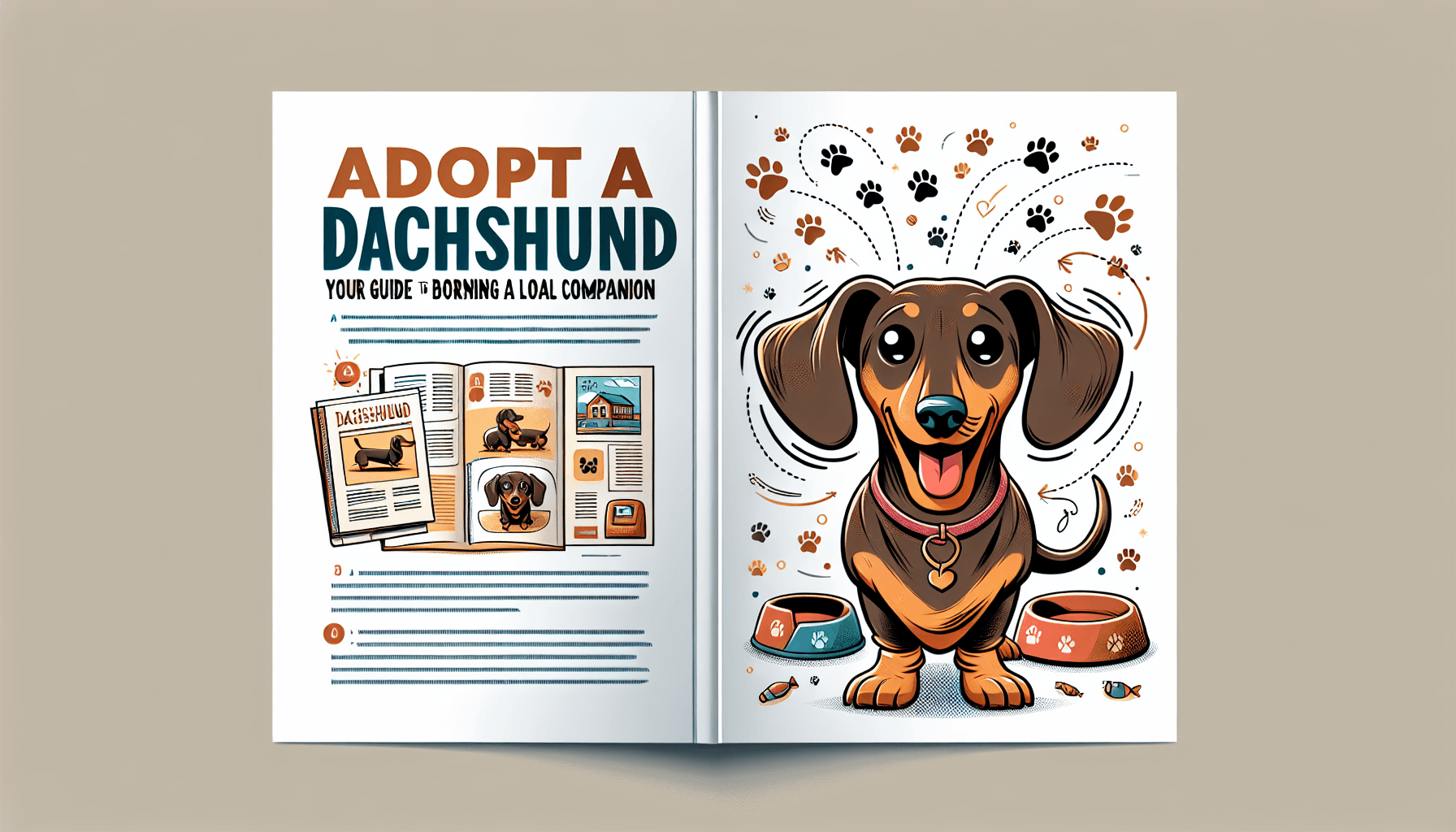 A visual representation of an informative guide about adopting Dachshunds. Picture a captivating cover page with the title, 'Adopt a Dachshund: Your Guide to Bringing Home a Loyal Companion.' In the illustration, there should be a playful and energetic Dachshund happily wagging its tail. The background can be filled with elements related to dog adoption and care, like a dog leash, a food bowl, and a comfortable pet bed. Add little paw prints all over the page to exemplify the journey towards adopting a loyal four-legged companion.