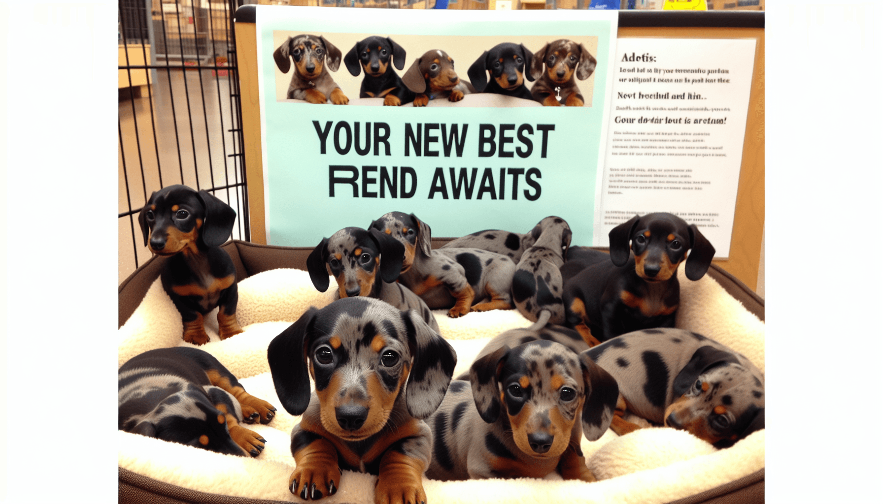 A scene at a friendly and welcoming pet adoption center. The highlight is a litter of dapple dachshund puppies, showing off a blend of colors and unique patterns that this breed is known for. The puppies are all arranged playfully, their eyes full of liveliness and curiosity. Alongside, there's a sign that says 'Your New Best Friend Awaits'. Some of the puppies are playfully interacting with one another, and others are dozing off in their comfortable, soft-bedded areas. Each puppy has an undeniable charm, making it clear that they would make an adorable addition to any loving home.