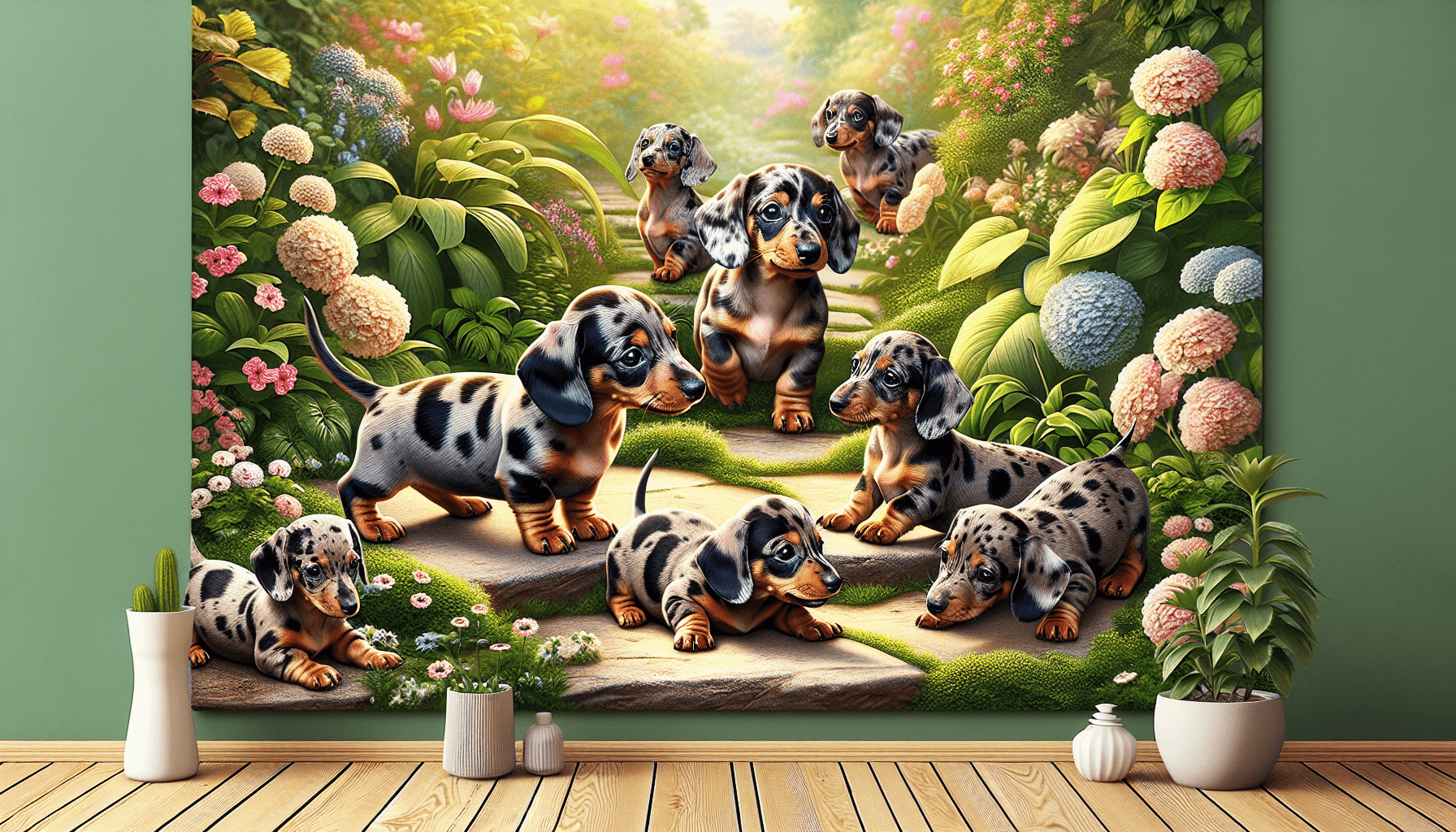 Imagine a scene of adorable dapple Dachshund puppies exploring a cozy garden, their coats showing various patterns of spots. Pictured in a playful scenario, the pups showcase their lively personalities as they frolic around with innocent enthusiasm. The lush plants and blooming flowers around them add to the heartwarming imagery, depicting it as a haven for these playful puppies. Experience the joy of finding such lovely companions through this wholesome and heartening imagery.