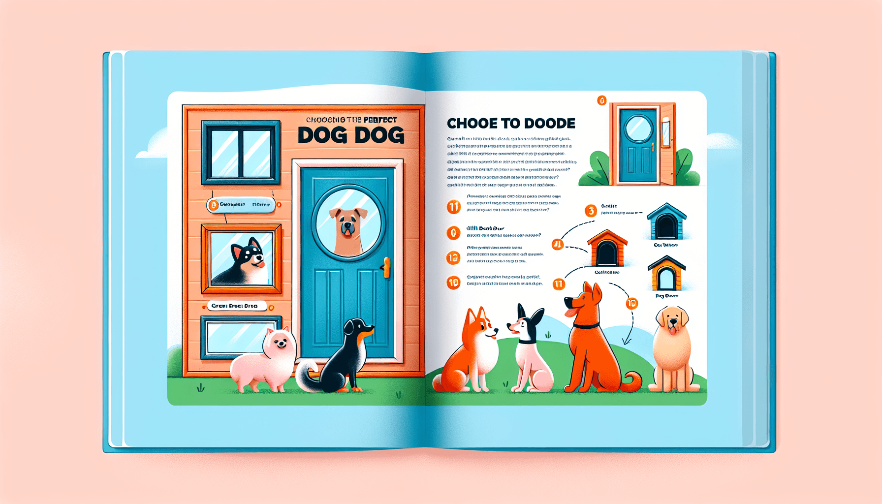 Visualize an image of a comprehensive guide on choosing the perfect dog door. The guide should include a variety of dog doors suited for different sized breeds, from small Chihuahuas to large Great Danes. The image should convey the factors that pet owners need to consider while purchasing a dog door, such as the size, material, and safety features of the dog door. The guide could also include illustrations of different dog breeds next to their ideal dog doors. The guide should have a playful and friendly tone, using bright colors and fun fonts to make it engaging for pet owners.