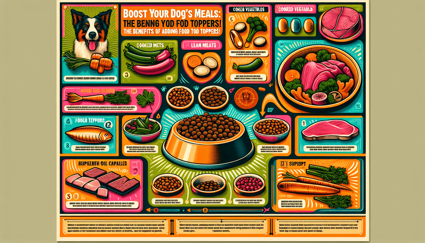 An informative illustration featuring a variety of wholesome food toppers to enhance a dog's meals. On a vibrant background, a large dog bowl is filled with standard kibble and then separate areas show an array of food toppers like cooked vegetables, lean meats, and maybe some fish oil capsules. Overlaying the image are text labels identifying each food topper and brief information on its health benefits for dogs. The title 'Boost Your Dog's Meals: The Benefits of Adding Food Toppers!' is prominently displayed.