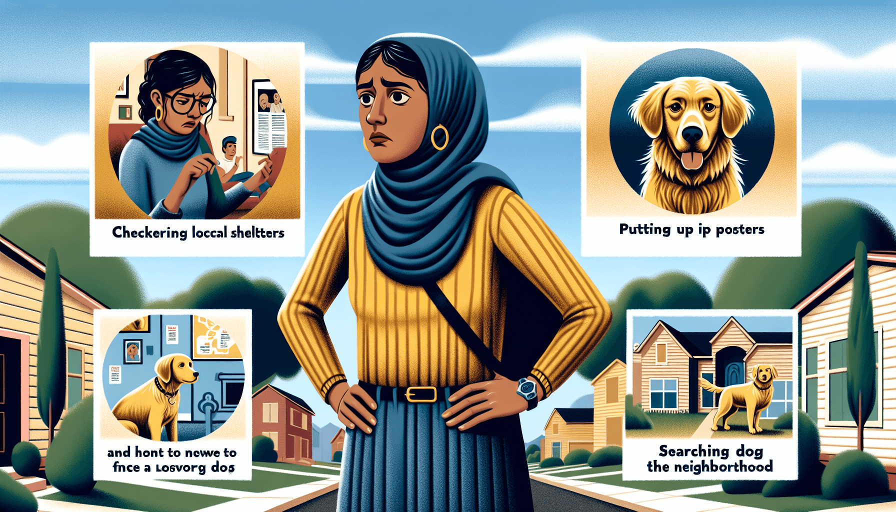 An informative illustration showing tips on how to find a lost dog. In the foreground, show a worried female owner of Middle-Eastern descent, with her hands on her hips and distressed expression. In the background, illustrate various tips such as checking local shelters, putting up posters, and searching the neighborhood. Show these instructions in bubbles around her. Include a small profile shot of a Golden Retriever, indicating the lost dog. The surroundings should be a suburban neighborhood, with houses, trees, and a clear sky in the backdrop. The style should be realistic and detailed.