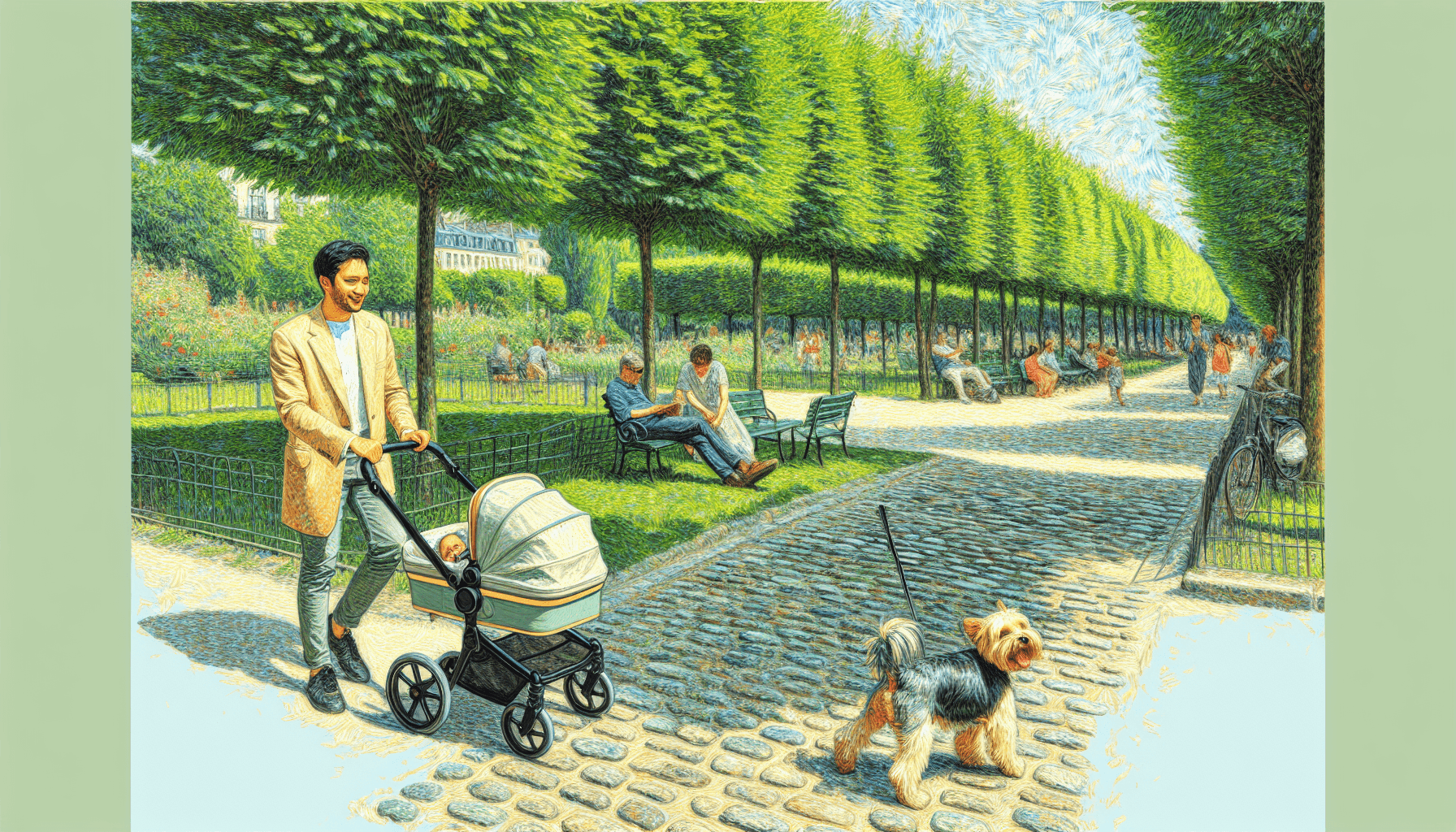 A detailed outdoor scene of a South Asian male walking a small dog inside a modern, stylish pram. The man has a look of joy on his face as he strolls through a lush green park created in an impressionistic style like Monet with loose brushstrokes and vibrant colors. A tree lined cobblestone path extends in the foreground and other park-goers can be seen in the background, participating in various activities. The sky above is clear, indicating a perfect, sunny day.