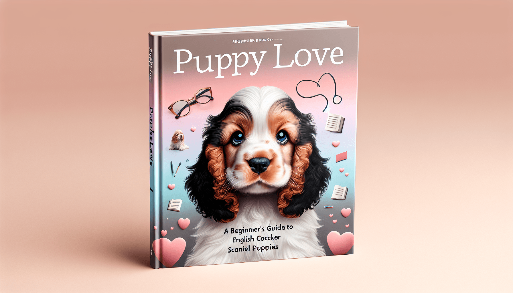 An informative book cover titled 'Puppy Love: A Beginner's Guide to English Cocker Spaniel Puppies'. The cover should feature a playful English Cocker Spaniel puppy with its fur coat neatly combed, looking directly into the viewer's eyes. The background should be a soft gradient of love-associated colors like light pink and peach. Consider integrating academic symbols like glasses and books subtly in the layout to underscore the guidebook aspect.