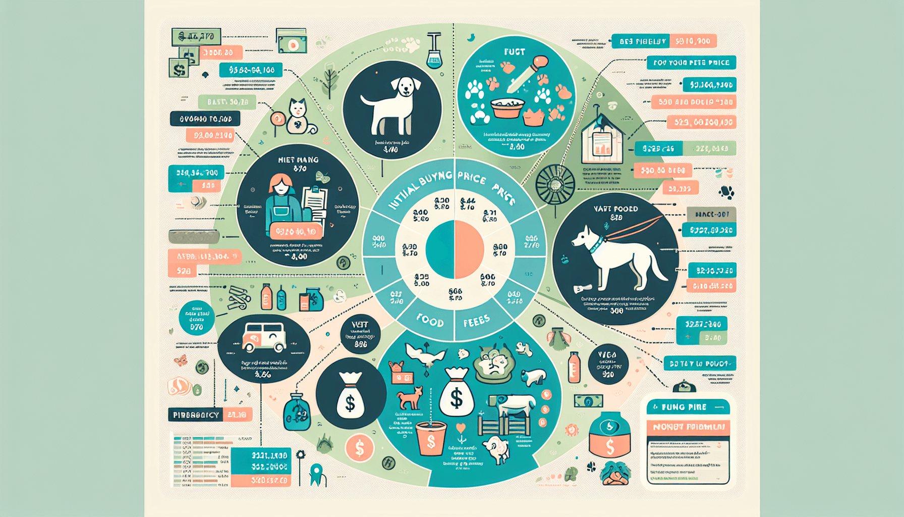 A visually appealing, informative infographic displaying the breakdown of costs associated with owning a pet dog from a farmer's perspective. The image should provide a budget-friendly guide highlighting categories such as initial buying price, food costs, vet fees, and other potential expenses. Incorporate icons and symbols, like a dog, a bag of food, a vet's sign, and a money bag, all arranged neatly with labeled sections and connected with dotted lines to a pie chart in the center. The color scheme is soft and cool, dominated by pastel blues and greens.