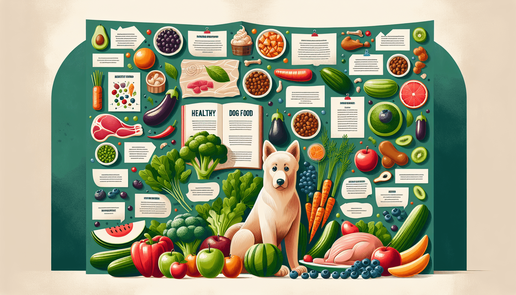 An illustration of a range of nutritious food options for a healthy dog's diet. Include fruits, vegetables, and specific dog-friendly food items. The scene should represent a spectrum of fibrous green vegetables, succulent fruits like apples and blueberries, and protein-rich foods like cooked chicken or turkey. On the backdrop, include diverse cut-outs resembling pages from a 'Healthy Dog Food' guide, with brief tips and advice for a balanced dog diet.