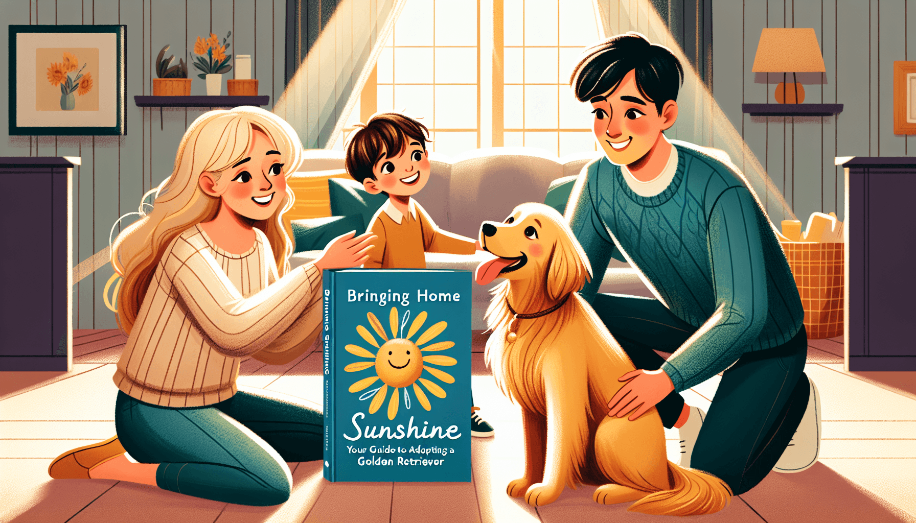 A heartwarming scene of a family welcoming a Golden Retriever into their home. The mother is a Caucasian woman with light hair, while the father is a South Asian man with dark hair. The child is a blend of both parents' features. The Golden Retriever is sitting on the floor, wagging its tail in excitement. The background includes a cozy living room with soft warm lighting. In the corner, there's a book cover titled 'Bringing Home Sunshine: Your Guide to Adopting a Golden Retriever' - an informative guide showing every step in loving detail.