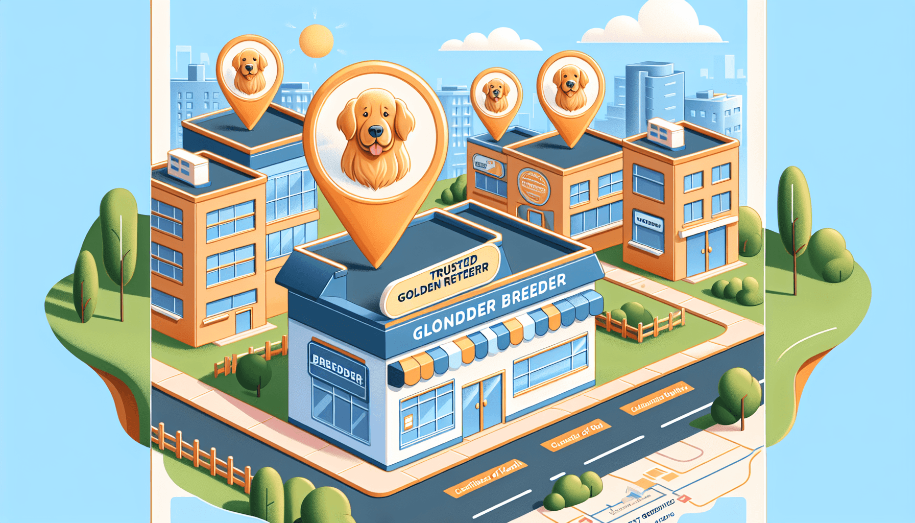 An informative illustration showcasing the process of finding trusted Golden Retriever breeders in your area. This can feature a map with marked locations which represent potential breeders, each featuring a building with a Golden Retriever on its sign. To highlight the 'trusted' aspect, there could be a checklist beside each location, indicating things to look for in a reliable breeder such as cleanliness of facilities, certificates of health for the dogs, and positive customer reviews. The scene is set during the day with clear blue skies.