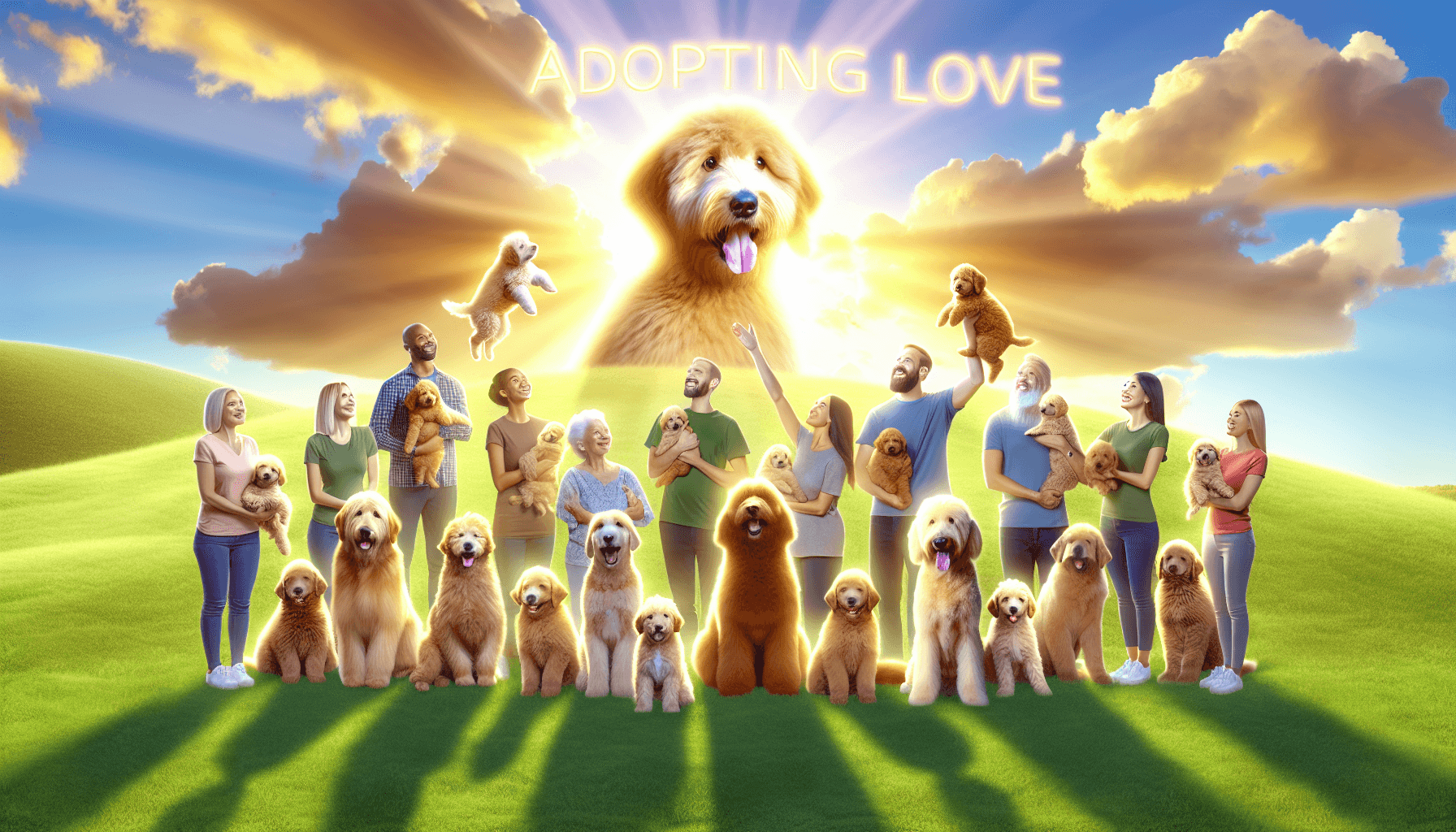 A heartwarming scene capturing the joy of Goldendoodle rescue. This could begin from a vibrant green hill with multiple old and young Goldendoodles, displaying vibrant, fluffy golden coats. A diverse group of compassionate individuals from varying descent such as Caucasian, Hispanic, and South Asian, both males and females faces glow with happiness as they interact with these canine gems. The golden sunlight illuminates the scene, reflecting off the Goldendoodles' coats and providing an aura of love, warmth, and joy. The words 'Adopting Love' are written in the sky.