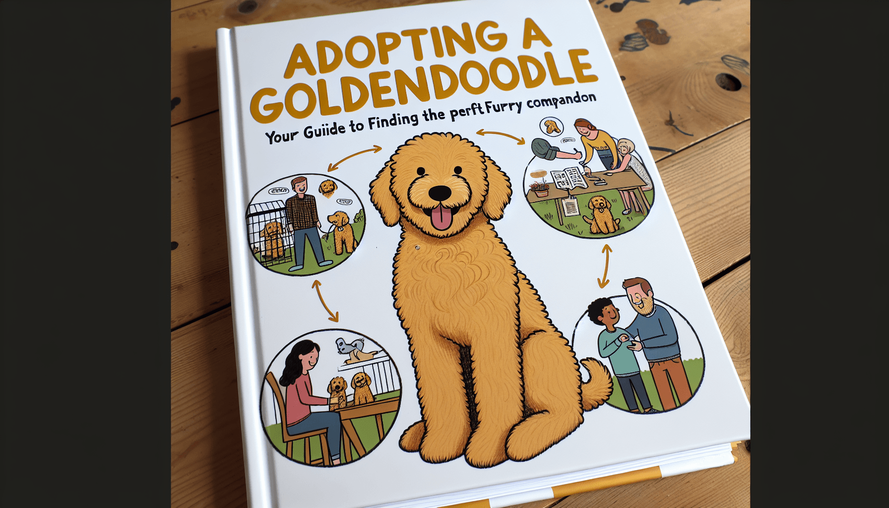 An illustrative guide cover showing the process of adopting a Goldendoodle. The main focus is a happy, fluffy Goldendoodle sitting ideally with a wagging tail. Surrounding the Goldendoodle, there are depicted stages that lead to its adoption, showing a loving family of diverse members involved in the decision, visiting a shelter, understanding the dog's needs, and finally bringing the dog home. The title of the guide, 'Adopting a Goldendoodle: Your Guide to Finding the Perfect Furry Companion' stands out in bold letters at the top.