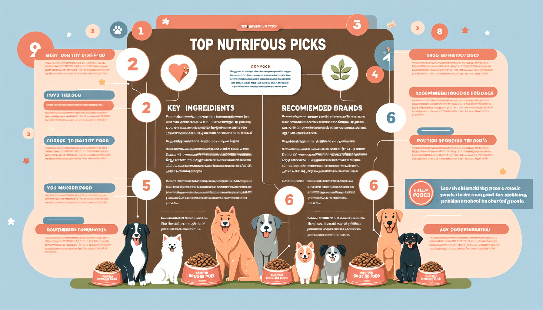 Design an infographic labeled 'Top Nutritious Picks', which presents information on how to choose the best healthy dog food. It will include portions on key ingredients for good health, recommended brands, portion sizes depending on the dog's size, and age considerations. The background will have a cheerful theme with various breeds of dogs happily eating their meals. The tone of the infographic is friendly and professional, making it appeal to conscientious pet owners who prioritize their furry friend's health.