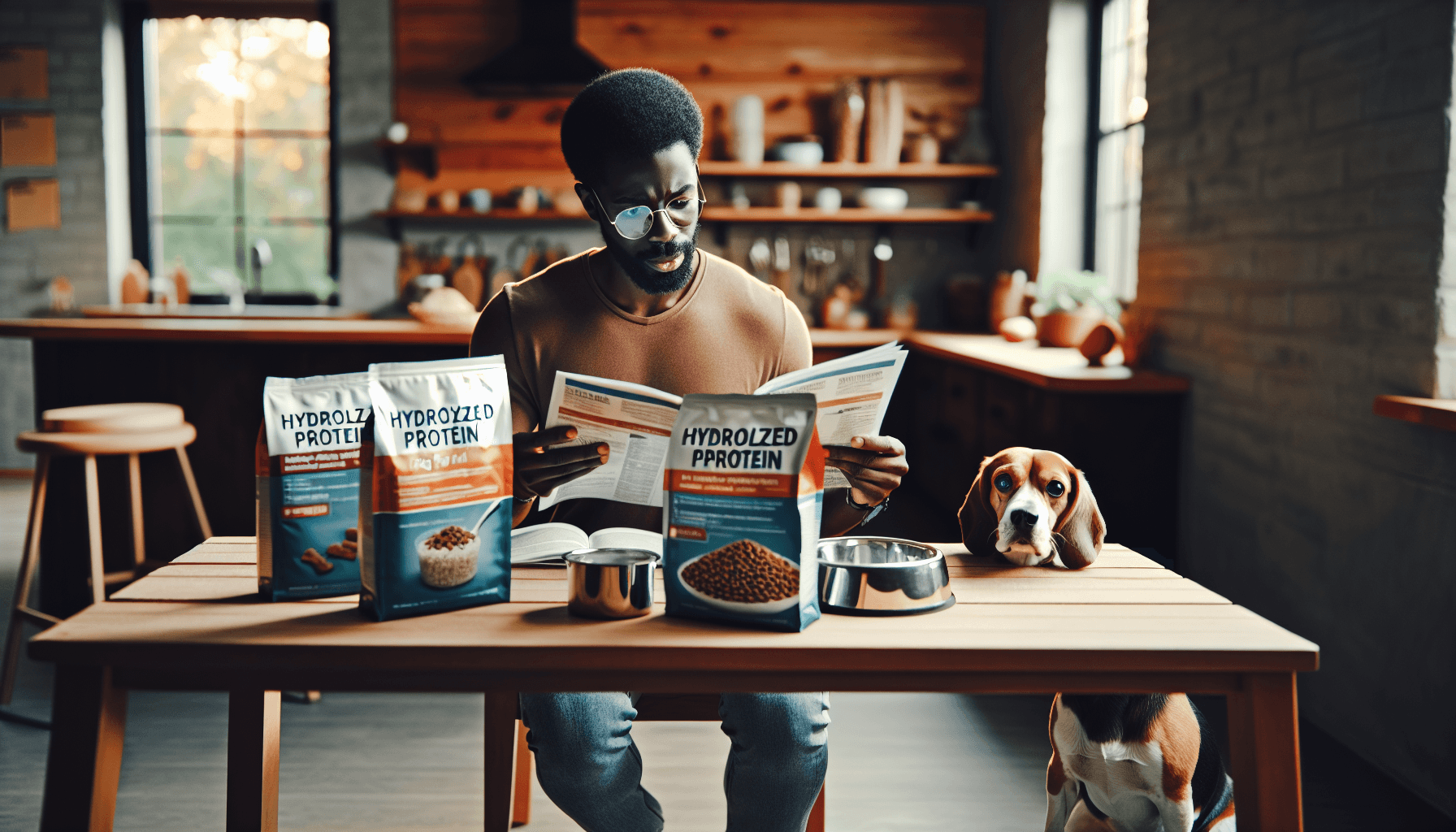 Picture this - a well-informed dog owner sitting at a physical table, reading up on dognutrition. Various hydrolyzed protein dog food packages are open in front of them as they compare ingredients, benefits, and even potential side effects. The owner is African-American, and gender-neutral in appearance. On the floor next to them, their eager pup, a Beagle, anxiously awaits a taste of the new food. The setting is a warm, cozy kitchen, with soft natural light from the window nearby.