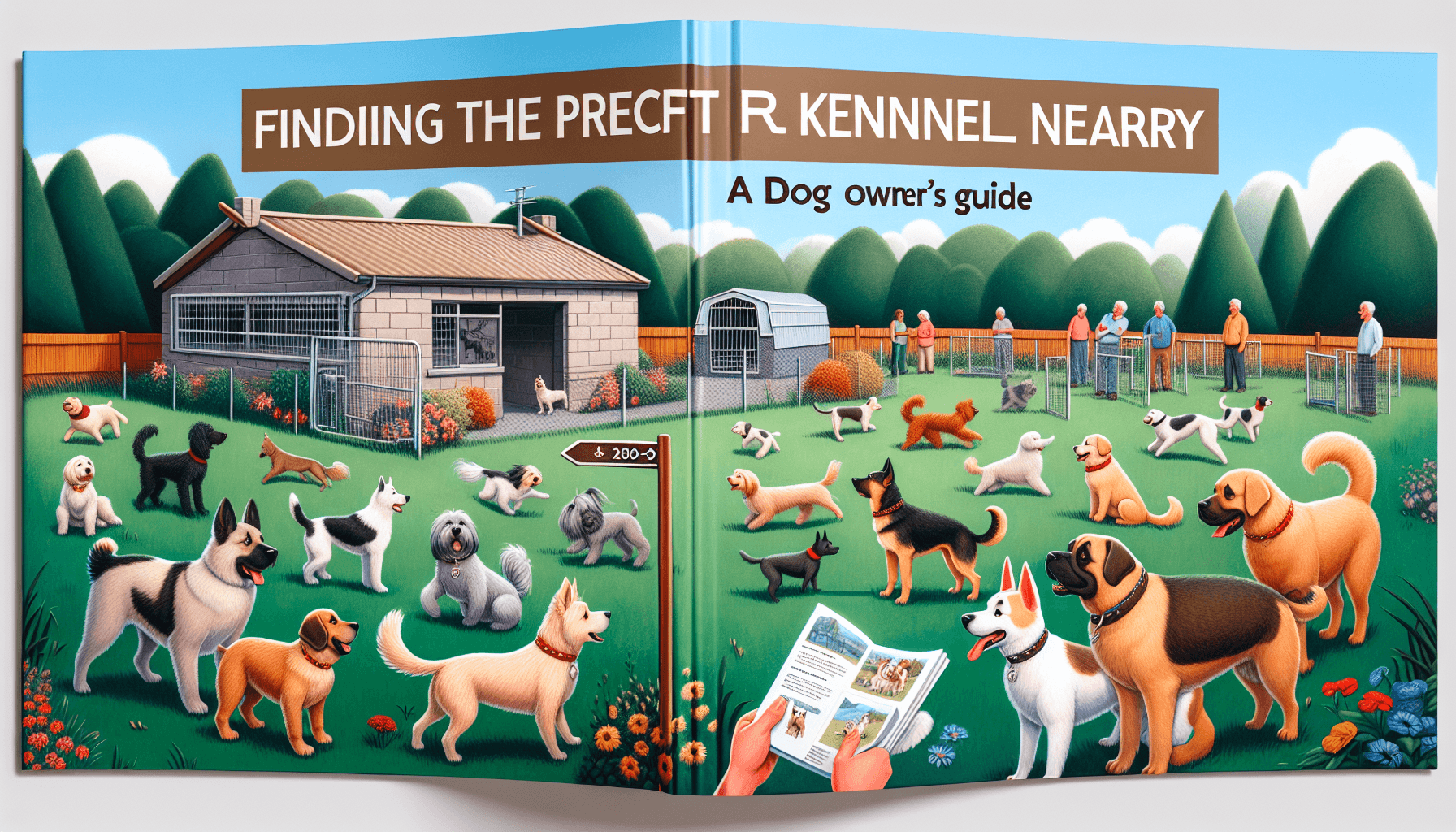 An illustrated guide for dog owners showcasing a variety of kennels. The front cover displays a diverse selection of dogs, from small breeds to large ones, happily playing outside a nearby, well-maintained kennel. The kennel has a beautiful landscape with green grass, small trees, and bright flowers nearby. Additional images include dog owners of different genders and descents, observing the kennel or reading brochures about it. A clear signpost in the foreground shows the distance to the kennel, suggesting its proximity. The title 'Finding the Perfect Kennel Nearby: A Dog Owner's Guide' is prominently displayed on the cover.