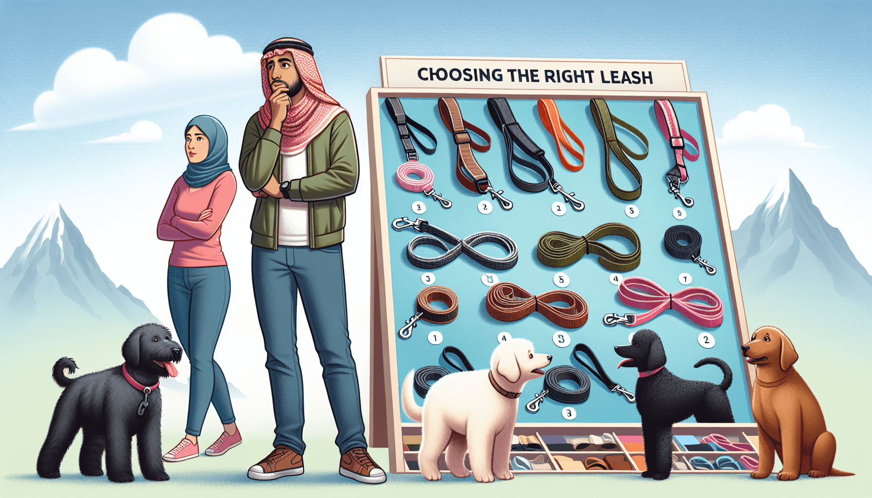 Create an informative illustration for a guidebook titled 'Choosing the Right Leash: A Simple Guide for Dog Owners'. The foreground features a range of different dog leashes, differing in color, material, size and manner of use, neatly arranged and labelled. In the background, a Middle-Eastern male and a Caucasian female dog owner are shown, all in casual clothes, pondering over which leash to choose for their dogs - a large, playful white retriever and a small, energetic black poodle. The tone of the image should be friendly and inviting, suggesting the joy and responsibility of dog ownership.