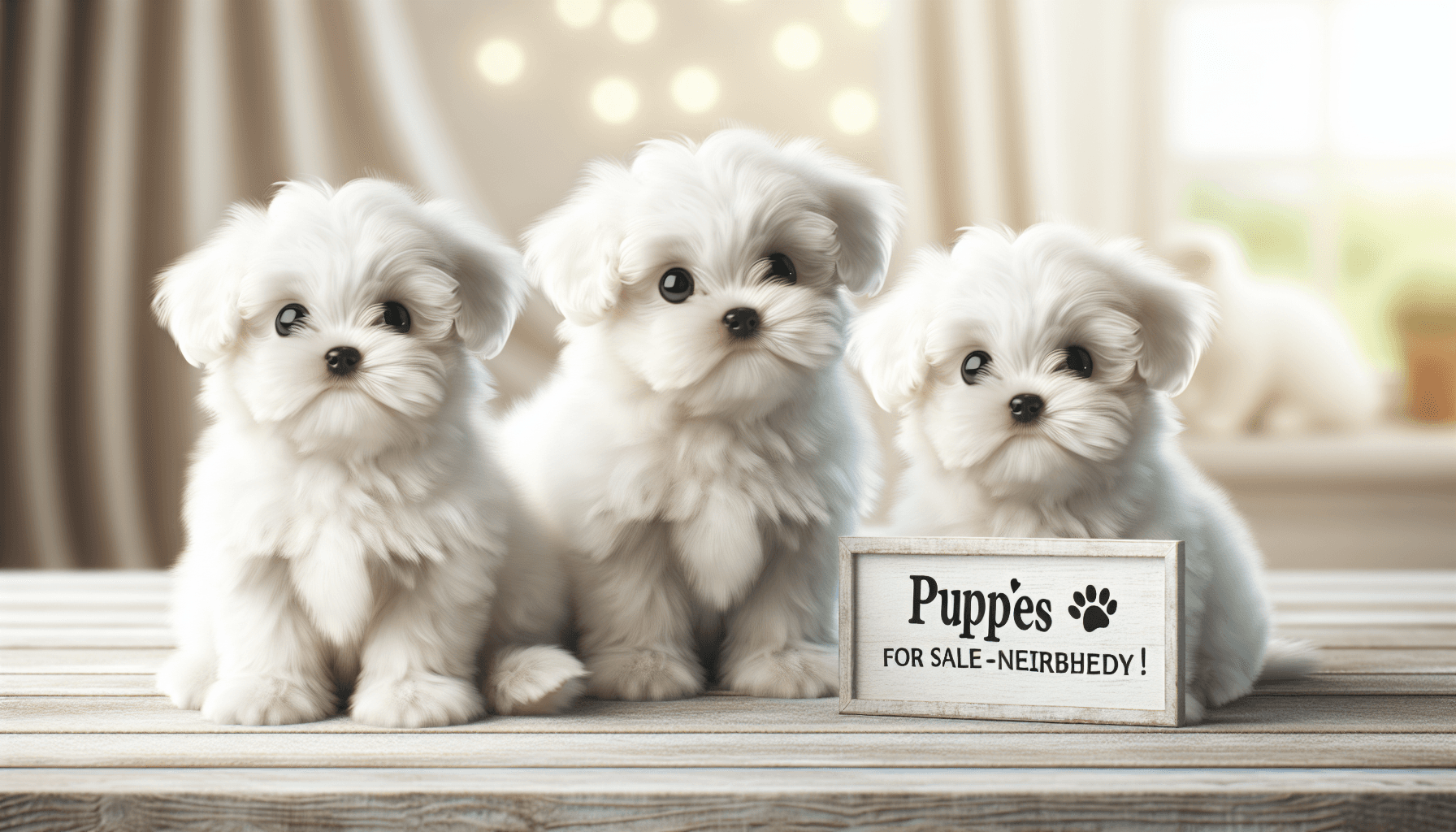 A delightful image showcasing a group of adorable Maltese puppies looking curious and playful. They have fluffy white fur and cute little eyes full of mischief. These puppies could make for perfect companions as they sit in a cozy space, perhaps a pet shop or a park, waiting to be chosen by their future family. The image should have a light tone, symbolizing the warmth and happiness these little balls of fluff can bring into a family. A little sign is placed by their side that reads 'Puppies for Sale Nearby!'