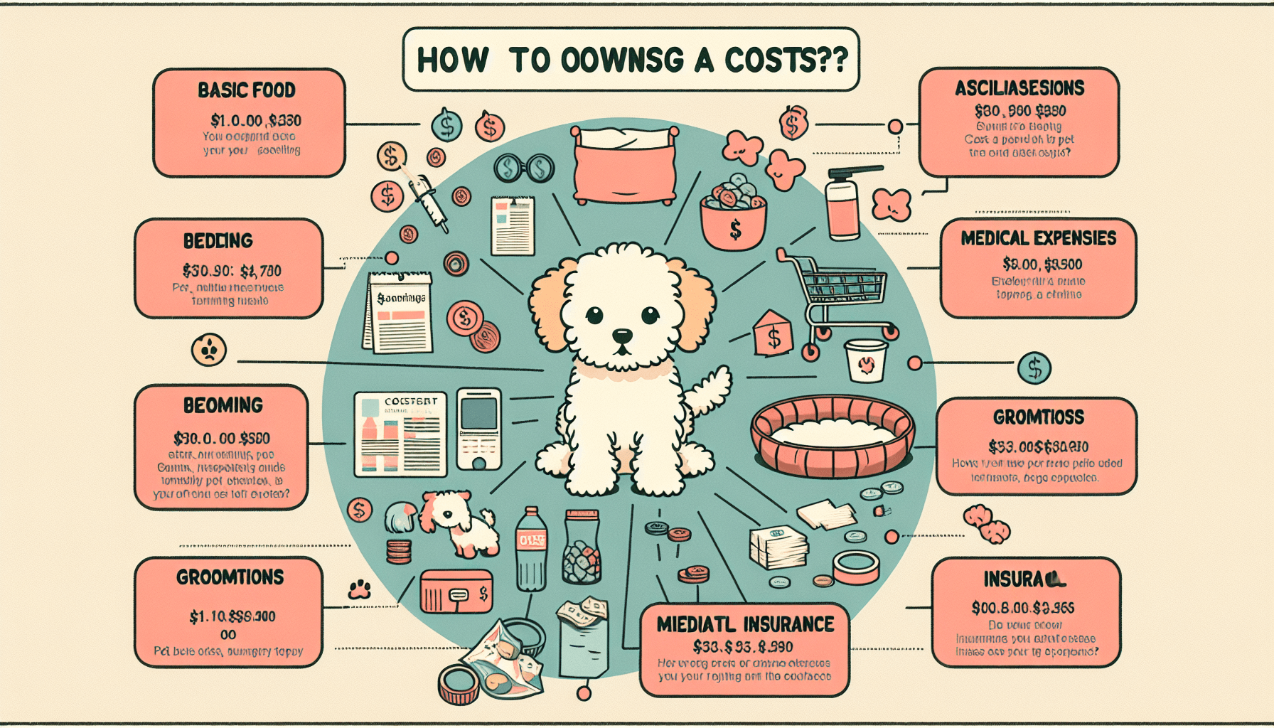 An infographic explaining the various costs of owning a Maltipoo puppy. This includes basic necessities like food, bedding, and toys, medical expenses such as vaccinations, grooming costs, pet insurance, and miscellaneous expenses. The infographic should be detailed and easy to understand, with costs broken down into individual elements along with a total at the bottom. It also includes cute drawings of Maltipoo puppies interacting with the items discussed, putting a playful and fun spin on an otherwise serious topic.