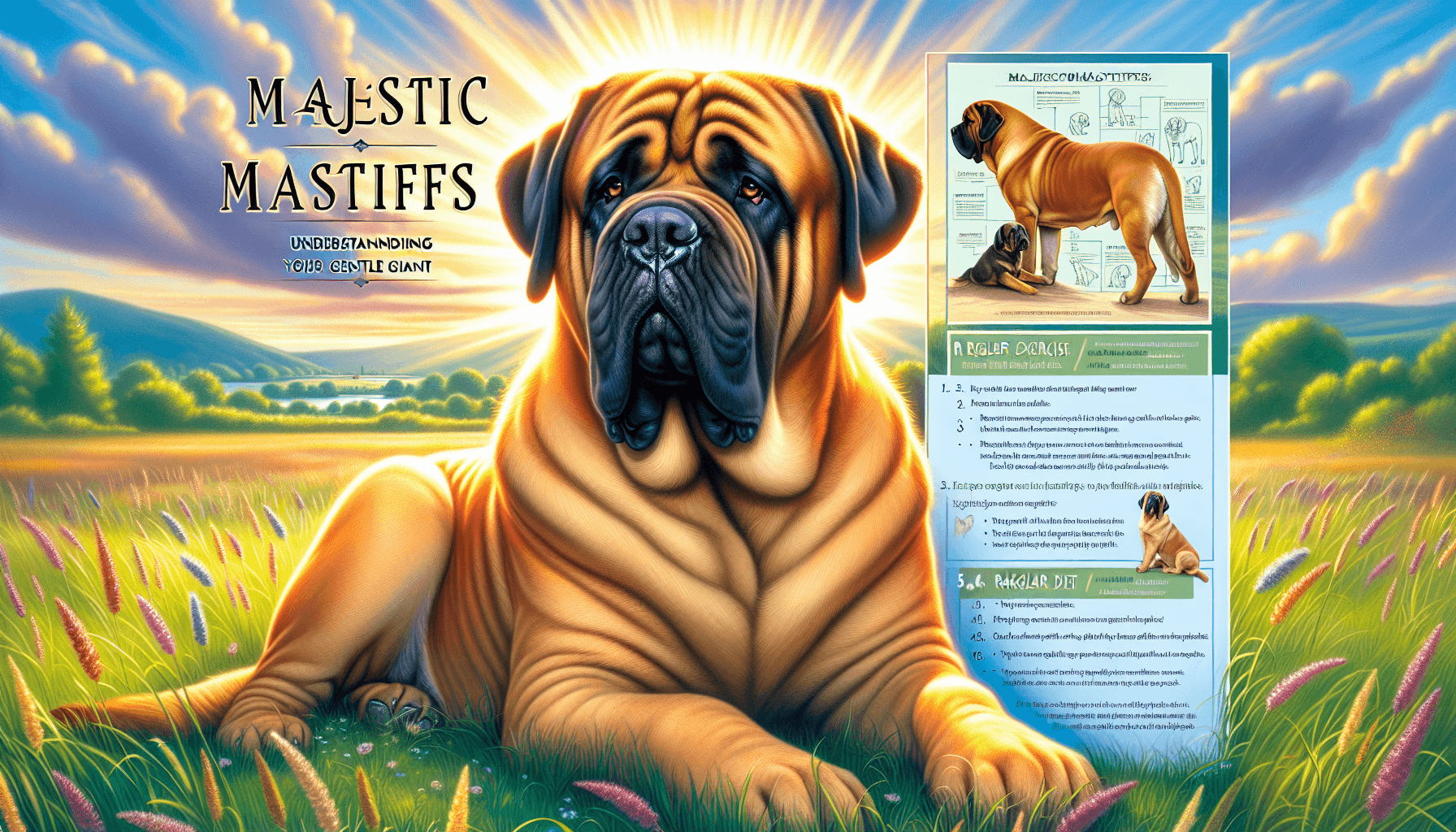 An illustrated guide cover vividly detailing the world of majestic Mastiff dogs. The scene involves a large, lovingly detailed adult Mastiff sitting in a sunlit field, it's golden coat gleaming in the sunshine. Their wise and gentle gaze is turned towards reader, insinuating the nurturing persona of these gentle giants. To the side, there should be an engaging graphical representation of a dog care checklist, contouring items such as 'Regular exercise', 'Balanced Diet' and 'Regular Vet Checkups'. The title, 'Majestic Mastiffs: Understanding Your Gentle Giant' is inscribed in bold, clear letters across the top of the image.