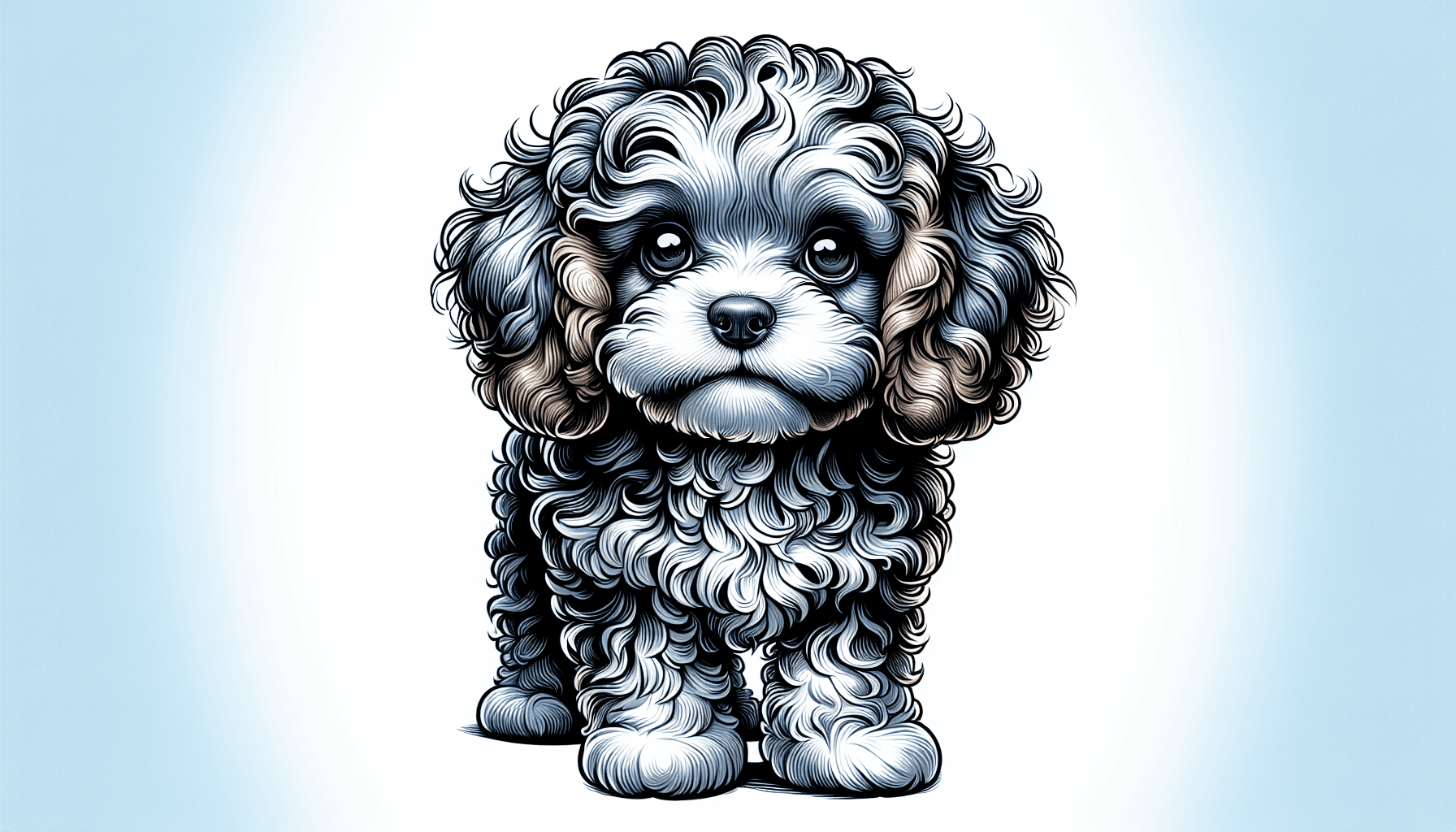 Create an illustration of a compact companion for dog lovers known as the Mini Cavapoo. This dog breed should be portrayed as miniature in size but full of personality, with a coat that's an adorable mix of Cavalier King Charles Spaniel and Miniature Poodle, resulting in a fluffy, wavy texture. The Mini Cavapoo's eyes are sparkling with affection, ears drooping to below its face, and its body poised in a playful, energetic stance, offering an image that instantly warms the heart of dog lovers.