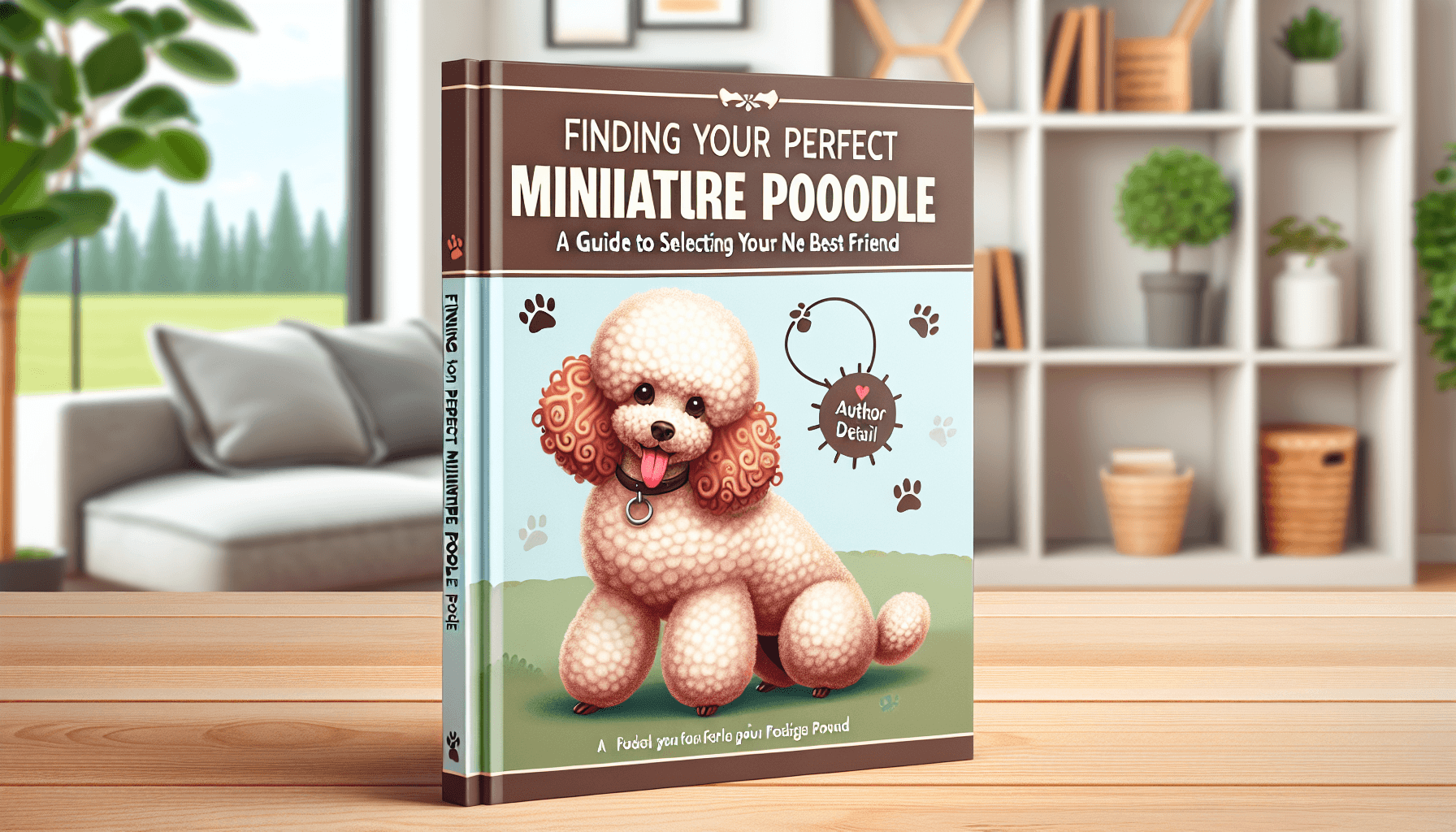 A detailed guide book cover titled 'Finding Your Perfect Miniature Poodle: A Guide to Selecting Your New Best Friend'. The cover features a playful miniature poodle, a small breed of dog known for its curly fur and high intelligence. The background might be a welcoming setting like a park or a home living room. Make sure to include important details, like the title and subtitle clearly displayed and the central focus being the Miniature Poodle. For added detail, include some book design elements such as an author name placeholder, and perhaps some friendly, welcoming design graphics.