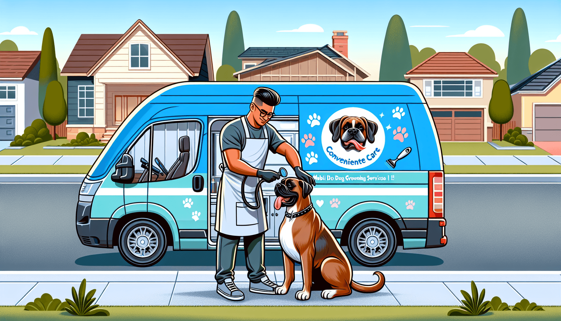 Visualize an illustration for a mobile dog grooming service. Detail a scene where a professional male South Asian groomer is meticulously grooming a large Boxer dog inside a spacious, well-equipped grooming van parked outside a suburban house. The van, adorned with playful dog-related designs, projects a comforting environment. Show the dog utterly relaxed, enjoying the grooming session. Around the scene, depict nearby houses indicating the convenience of this service for residents. Overlay the image with bold, welcoming text saying 'Convenient Care: Finding the Best Mobile Dog Grooming Services Near You!'.