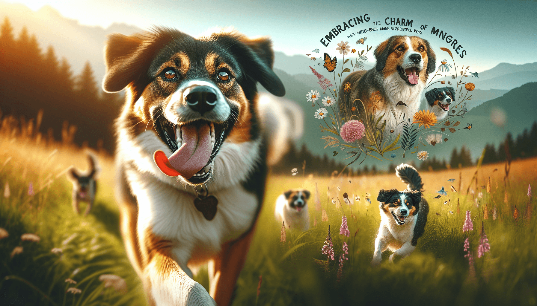 A close-up of a joyful mixed-breed dog running in a meadow, with its tongue lolling out and eyes gleaming with untamed energy. The sun is casting a warm glow on its multi-colored coat, highlighting the patches of brown, white, and black. Around the dog, the green grass of the meadow sways gently while colorful wildflowers bloom, indicating the peace and tranquility of its surroundings. In the background, a few blurred figures of different mixed-breed dogs are present, showcasing the diversity and charm of these wonderful pets. On the top, the words 'Embracing the Unique Charm of Mongrels: Why Mixed-Breed Dogs Make Wonderful Pets' are written in elegant, flowing script.