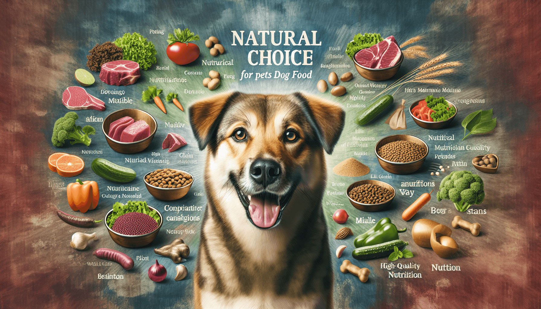 Imagine an informative, visually appealing image that depicts the advantages of Nature's Menu Dog Food. It's a natural choice for pets, and the design should showcase why. Perhaps in the foreground, there's a happy, healthy dog of a mixed breed with a glossy coat and bright eyes, reflecting its good health. In the background, various nutritious ingredients found in Nature's Menu Dog Food are clearly and artistically displayed, such as fresh vegetables, lean meats, and whole grains. Words and phrases emphasizing the benefits like 'Natural Choice', 'High-Quality Nutrition' float around, subtly reinforcing the message.