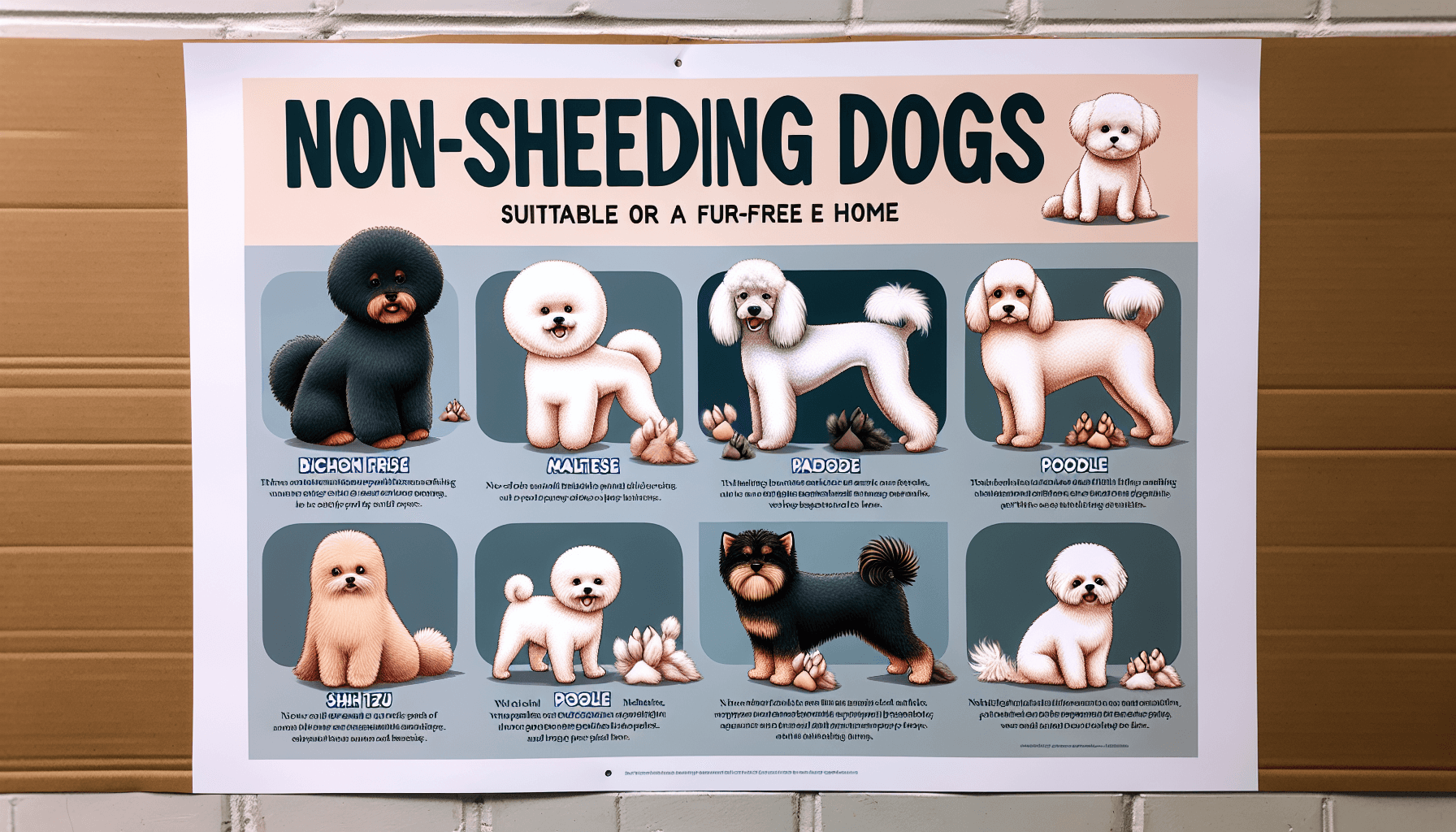 An educational poster featuring various breeds of non-shedding dogs suitable for a fur-free home. The poster should include detailed images of breeds such as the Bichon Frise, Maltese, Poodle, and Shih Tzu, highlighting their distinct characteristics. It should also have engaging texts explaining their non-shedding quality and suitability for a fur-free home. The overall tone of the poster should be instructive and friendly, aimed at potential dog owners seeking pets that do not shed fur.