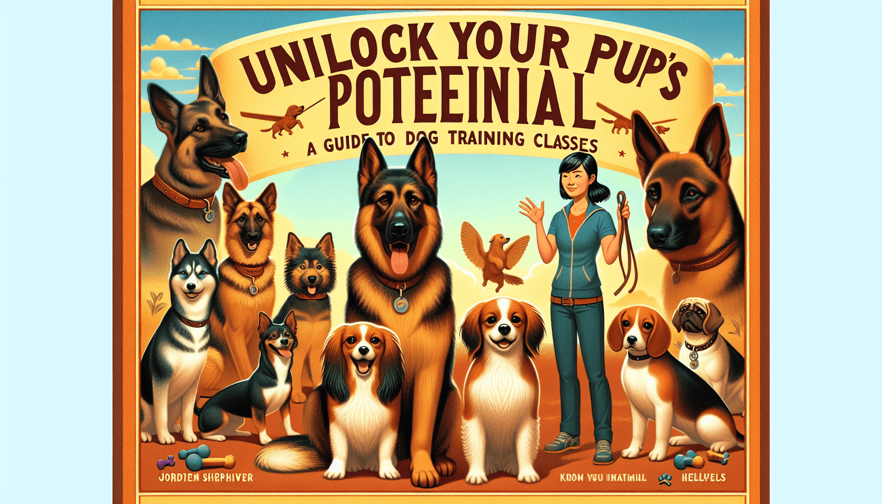 A cover art for an imaginary guide titled 'Unlock Your Pup's Potential: A Guide to Dog Training Classes'. The image portrays a broad sample of dog breeds, with dogs such as a German Shepherd, a Golden Retriever, a Chihuahua, a Beagle, and a Poodle, all showcasing various trained behaviors like sitting, standing, fetching, and heeling. In the background, a calm, confident female Asian dog trainer is depicted giving commands. The title is prominently featured at the top of the image, while at the bottom there's a banner with the text 'Dog Training Classes'. The overall tone of the image is inspirational and engaging, with warm colors and a friendly vibe.