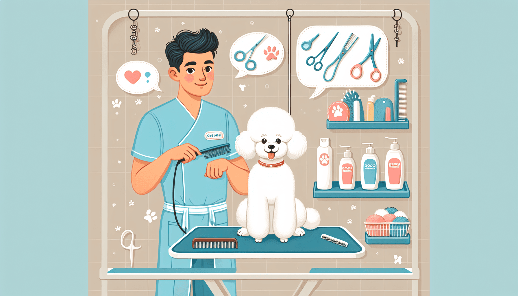 Dog Salon Guide: An illustrated manual showing various grooming services for dogs. On the cover, there's a Hispanic male dog groomer in a light blue uniform, his hands busily combing a fluffy white poodle sitting on a grooming table. Scissors, brush, and different types of pet shampoos are neatly arranged on a shelf next to the table. A bubble blurb of text on the corner says 'A Comprehensive Guide for Dog Owners'.