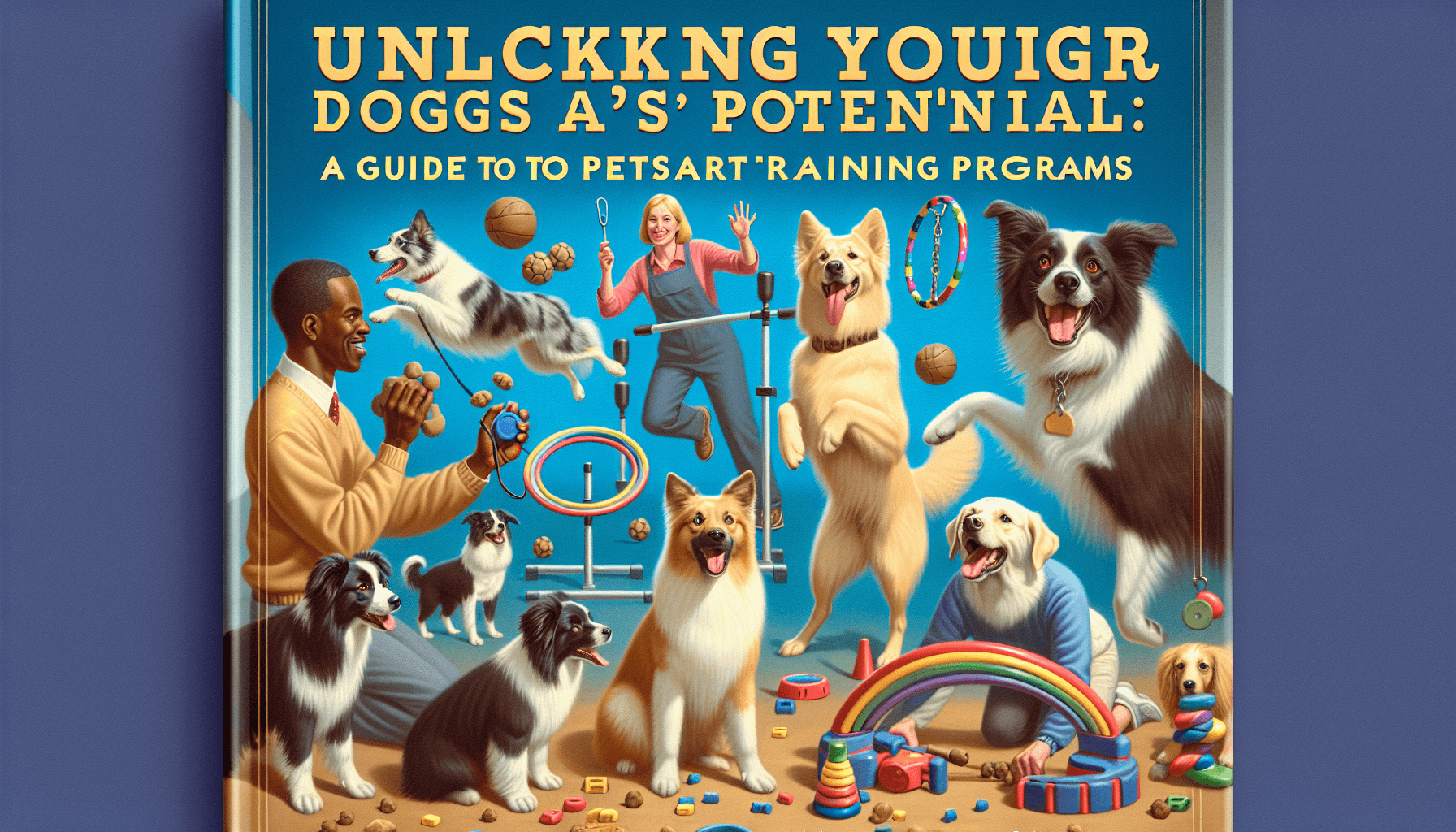 A visual representation of the book cover titled 'Unlocking Your Dog's Potential: A Guide to PetSmart Training Programs'. The cover features a diverse set of dogs of various breeds enthusiastically participating in training exercises. In one corner, a photo-realistic painting of a Caucasian male dog trainer is actively engaging a golden retriever with training toys, in another a black female trainer guiding a Border Collie through an obstacle course. The title's text is prominent, bright, and easy to read, probably in a playful sans-serif font. Background is filled with various dog training equipment, such as hoops, treat-dispensing toys, and agility poles in a soft-focus.