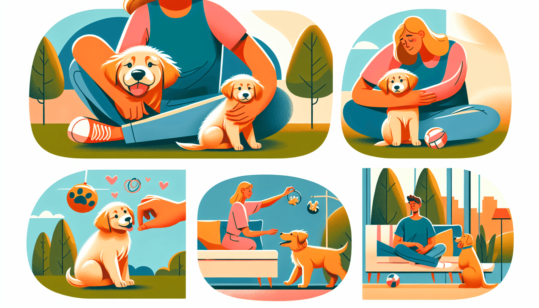 Illustrate an intimate bond forming between a new pet owner and their endearing new puppy. Depict the diverse activities they could engage in for bonding, such as the pet owner, who is a Caucasian woman sitting on the grass in the park, gently stroking the fur of her Golden Retriever puppy, or playing fetch with a ball. Other bonding ideas could include obedience training with treats or cuddling on a comfy interior couch. Showcase the loving relationship that can be nurtured with care, time, and patience.