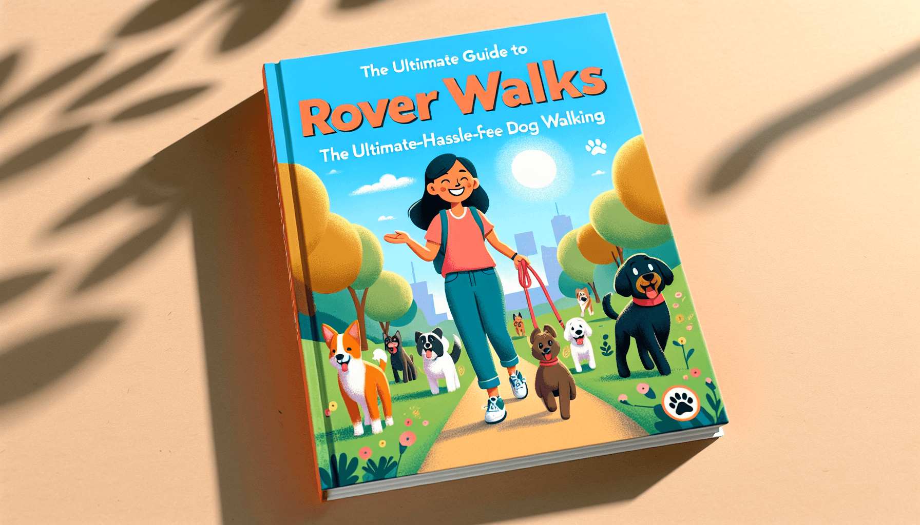 An illustrated cover for a book titled 'Rover Walks: The Ultimate Guide to Hassle-Free Dog Walking'. The cover features a delighted Asian female dog walker strolling down a sunny park path with an eclectic mix of playful dogs obediently following her. Also integrated into the scene is the logo for Rover.com, a paw print symbol. The overall design of the book cover is vibrant and piques curiosity, promising expert tips and strategies for hassle-free dog walking experiences.