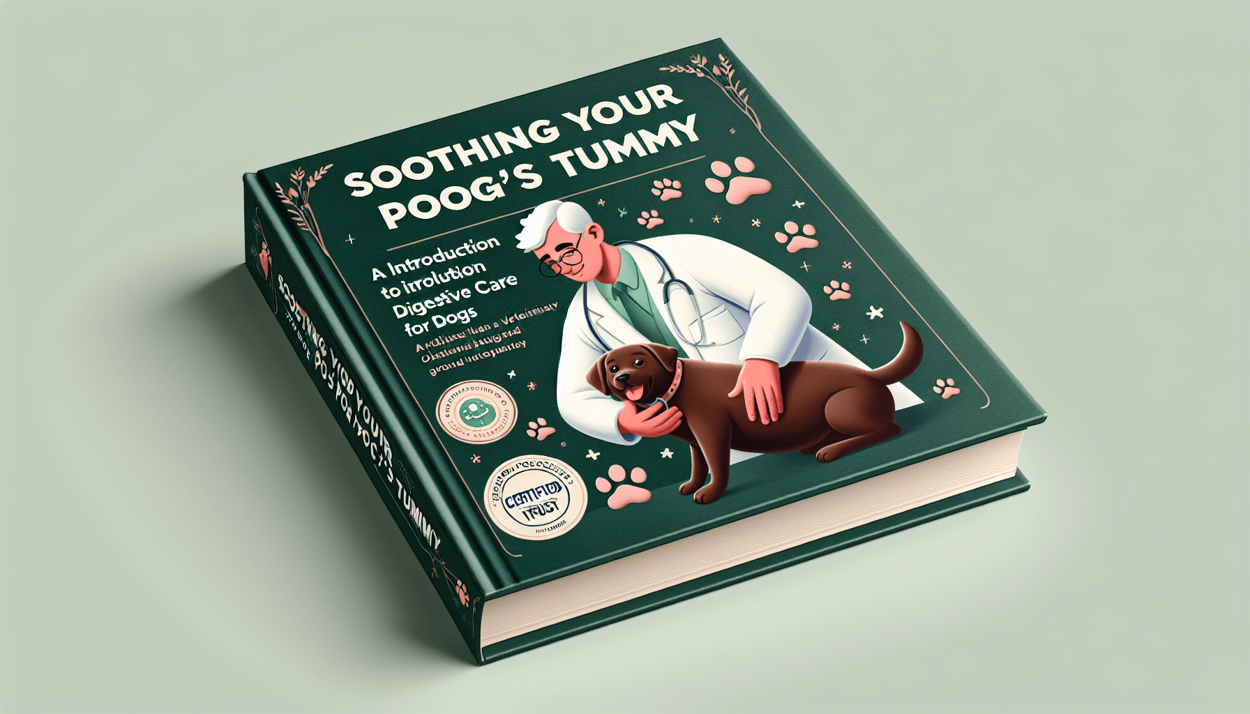 Visualize a hardcover book titled 'Soothing Your Pooch's Tummy: An Introduction to Digestive Care for Dogs'. The cover should be decorated with a calm forest green color, featuring a diligent veterinarian of White descent wearing a white coat and glasses, carefully examining a cheerful chocolate Labrador Retriever. On the lower right corner, there should be a certified seal of trust implying the professional advice contained.