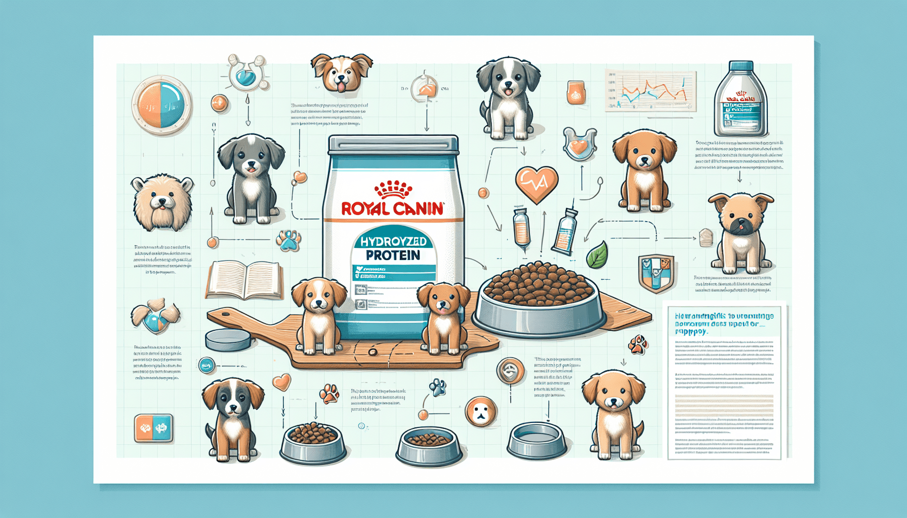 Craft an educational visual guide aimed at pet parents discussing the advantages of using Royal Canin Hydrolyzed Protein for their puppies. The image should consist of relevant illustrations such as the Royal Canin Hydrolyzed Protein product, puppies of different breeds, each with their individual pet bowl, the protein's positive impacts on the pup's health, and bits of useful, easy-to-understand information sprinkled throughout in an engaging manner. The mood should be light-hearted and informative while keeping the wellbeing of the pup as the primary focus.