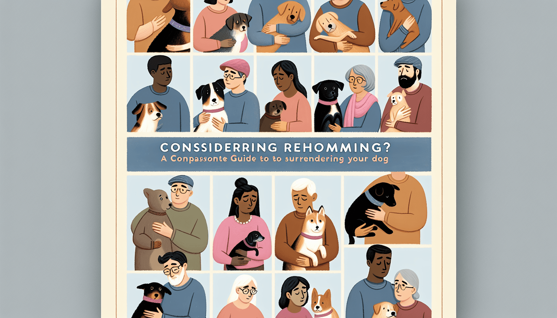 Design a heartfelt guide cover named 'Considering Rehoming? A Compassionate Guide to Surrendering Your Dog'. It should feature soft colors to create a calming mood. The focus of the cover is a diverse set of people lovingly petting their dogs, each with expressions of consideration and compassion. Include different dog breeds and human descents like Caucasian, Hispanic, Black, Middle-Eastern, South Asian, and White equally. The title appears at the top, in a comforting, readable font. The bottom section presents a reassuring tagline: 'Making tough decisions with love and understanding'