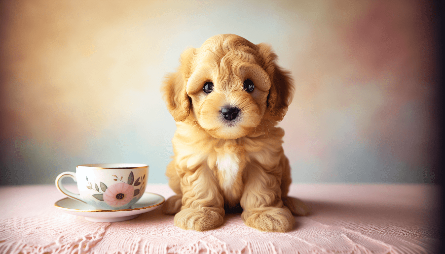 A charming, tiny Teacup Goldendoodle puppy full of love. The puppy is seen in an endearing pose, with its expressive brown eyes sparkling with life. It's small size is emphasized by placing it next to a standard teacup for comparison. Its coat is in different shades of gold, varying from bright yellow-gold to deeper honey tones. This fluffy coat is characteristic of the breed, adding to the puppy's charm. A soft, pastel-colored background enhances the overall warm and loving atmosphere of the image.