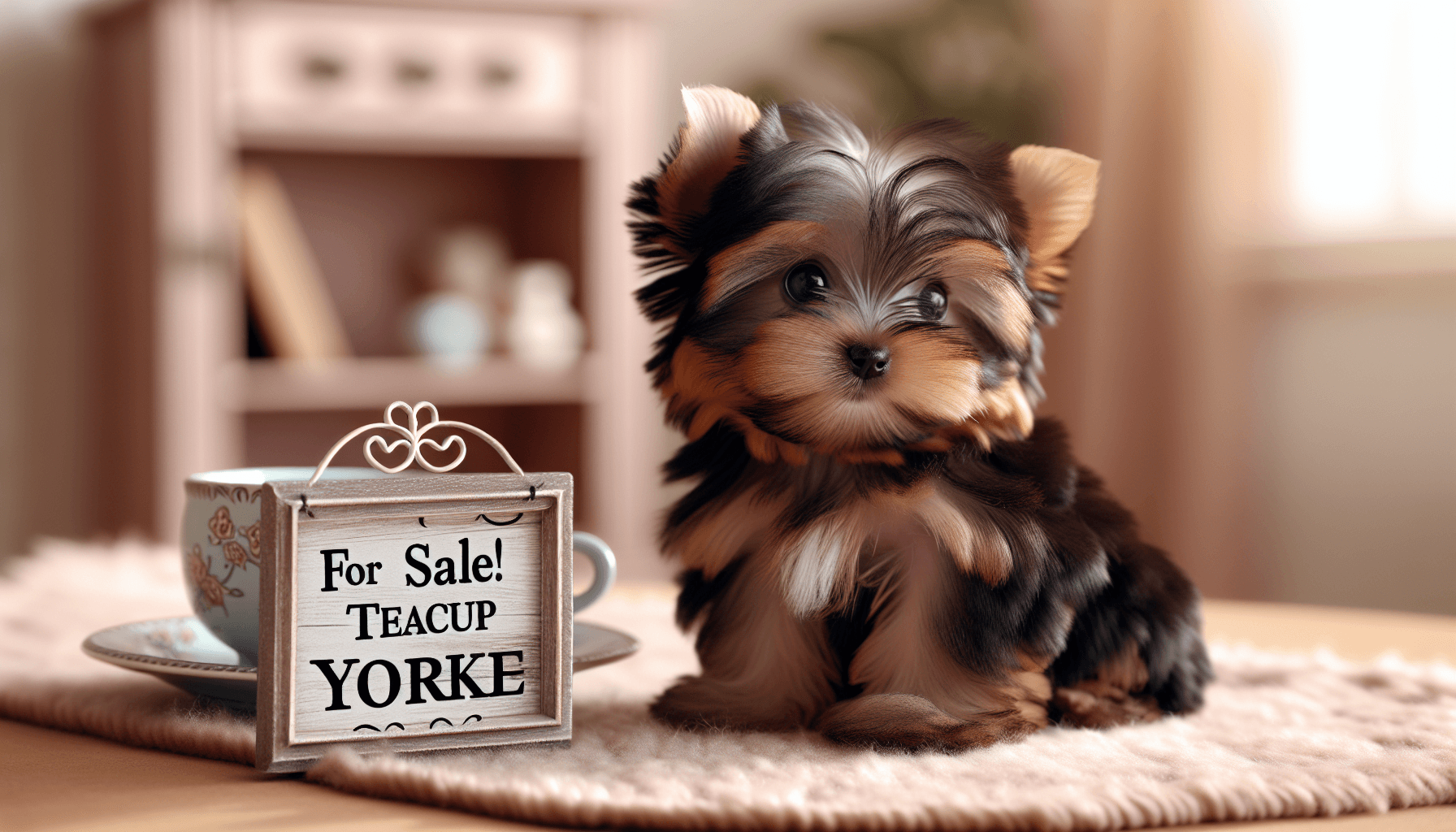 Imagine an extremely cute and charming Yorkie puppy with silky, straight hair that shines under the sunlight. The puppy has a playful and happy temperament, making it impossible not to fall in love with it at first sight. It's small enough to fit in a teacup, indicating its teacup Yorkie breed. The puppy is seen in a cozy set-up that conjures images of a perfect home. There's a sign nearby that reads 'For Sale!' with cute, ornate letters.