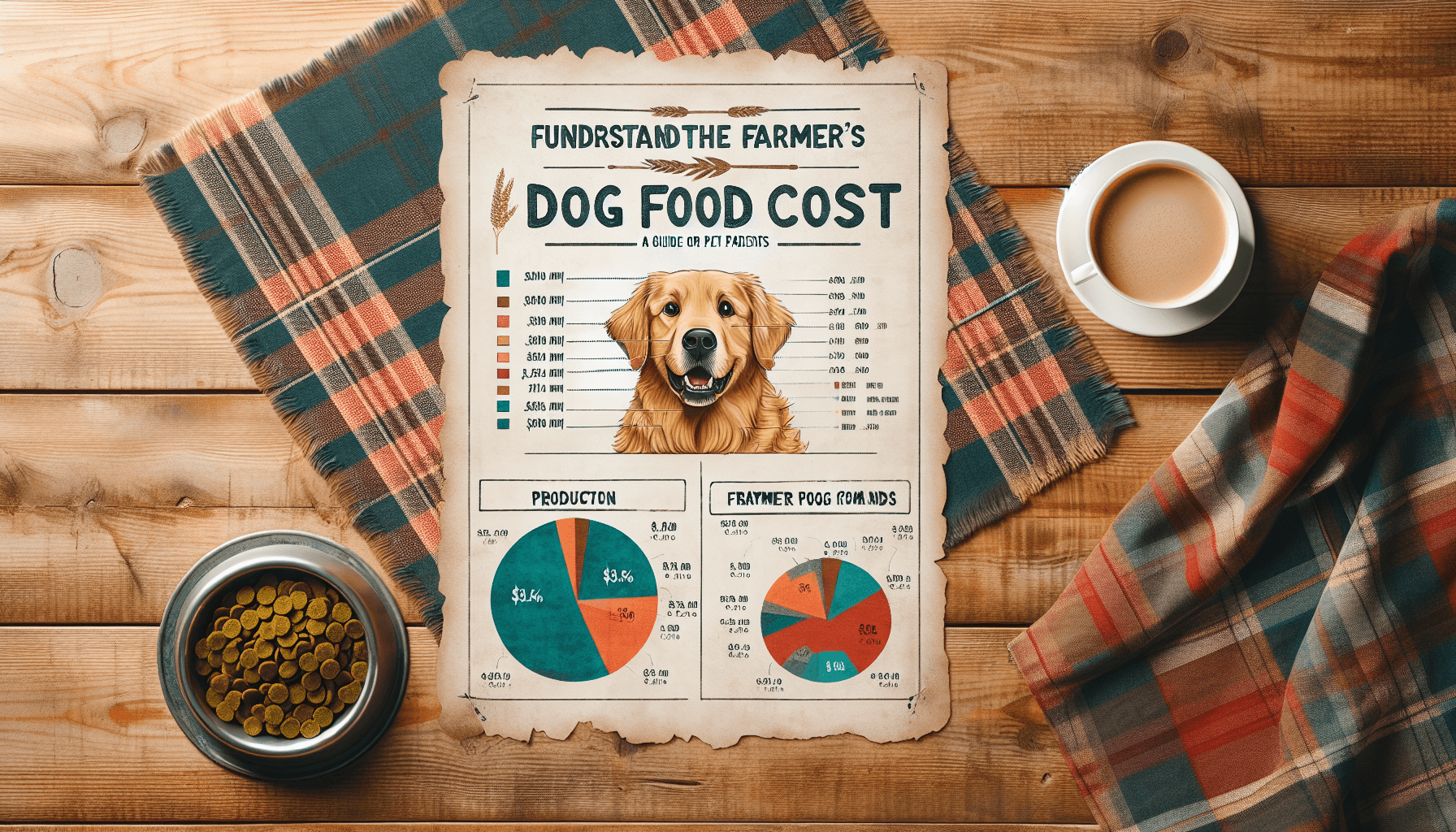 An informative illustration depicting the cost breakdown of a farmer's dog food. The image should consist of a paper-like background on a wooden table. On the paper, there should be a neatly handwritten title saying 'Understanding The Farmer's Dog Food Cost: A Guide for Pet Parents'. Below the title, a pie chart breaks down different costs associated with the dog food, such as production, labor, and transport. To add a homely touch, there's a well-worn plaid cloth table runner under the paper, a cup of coffee nearby, and a Golden Retriever eagerly looking at the plate