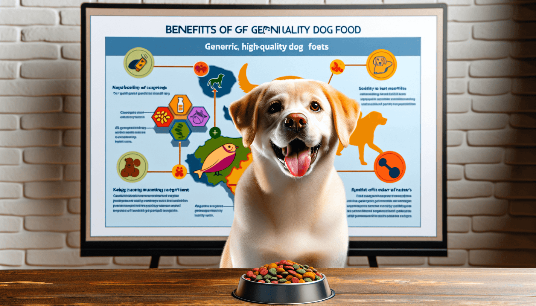 An educational image describing the benefits of a generic, high-quality dog food for a pet dog. The scene could be a diagram or info-graphics with text enumerating key nutrients. A happy and healthy dog of a non-specific breed should also be present to signify the benefits of the said dog food.